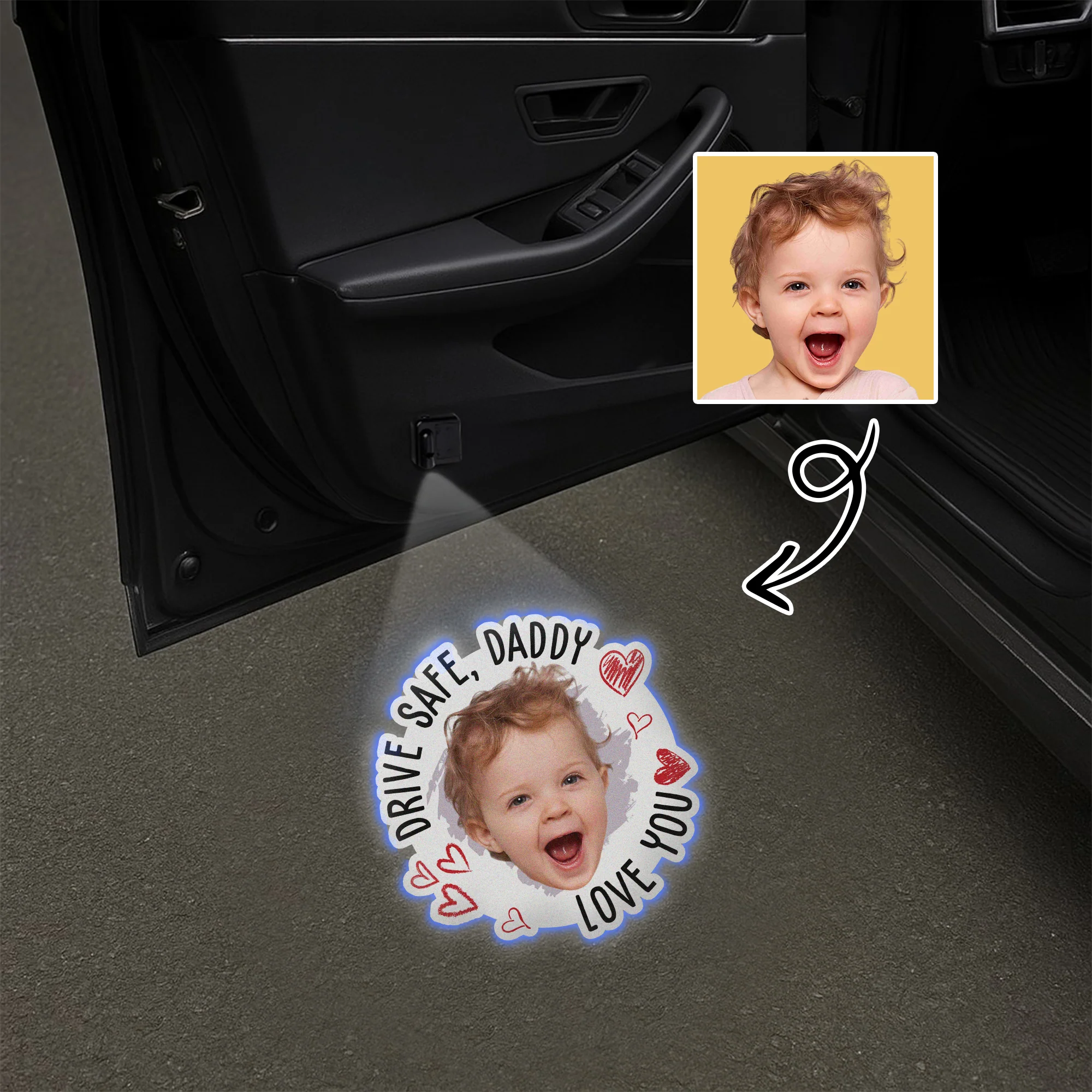 Drive Safe, Daddy Custom Fun Kid Faces Photo- Personalized Car Door Projector Light CH07 896432 - Image 4