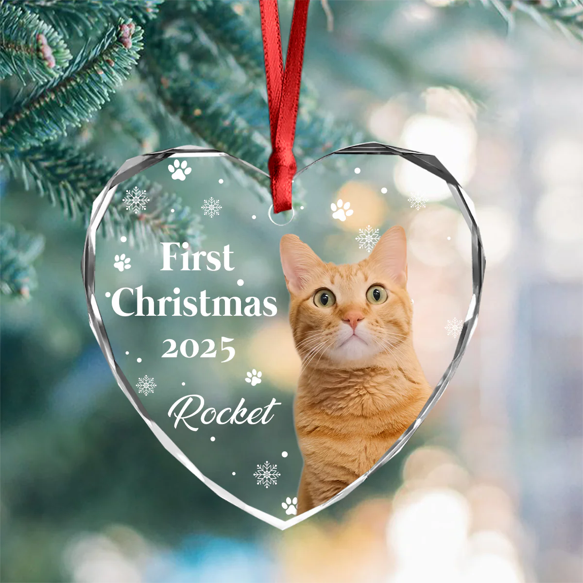 First Christmas With Cute Puppy And Snowflakes Custom Cat Photo Heart Glass Ornament CH07 896780 - Image 4