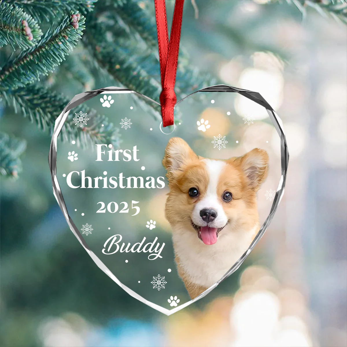 First Christmas With Cute Puppy And Snowflakes Custom Dog Photo Heart Glass Ornament CH07 896390 - Image 2