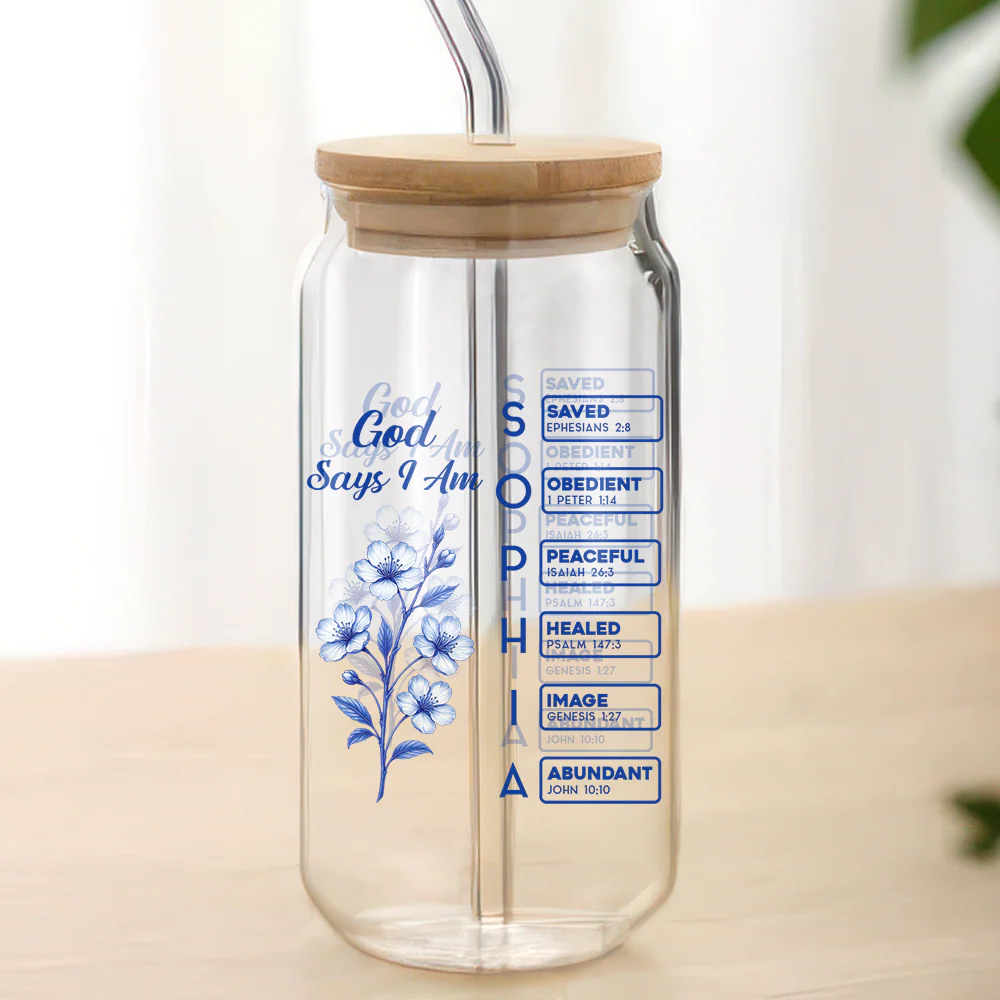 God Says I Am Name Letter In Bible Toile De Jouy Style - Personalized Glass Can With Lid CH07 896954 - Image 5