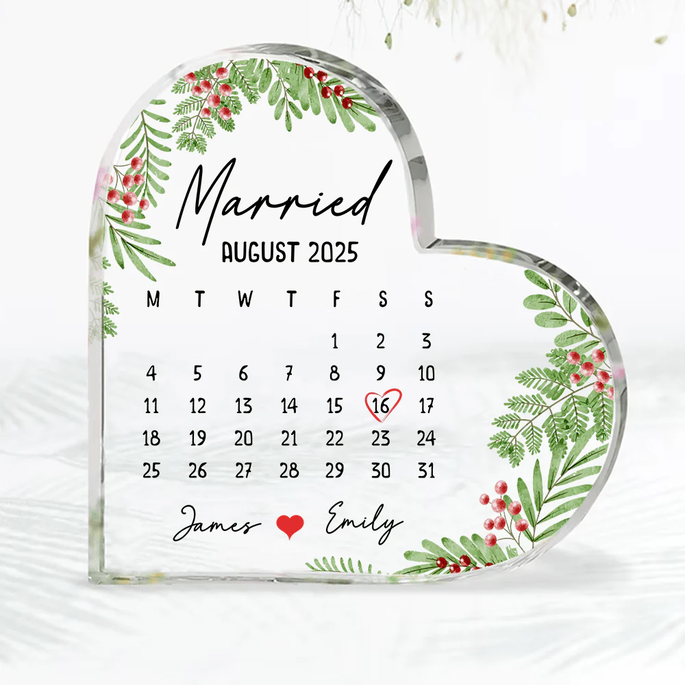 Married Calendar Heart Acrylic Plaque, Personalized Wedding Gift, Newlywed Gift for Couple TH10 895052