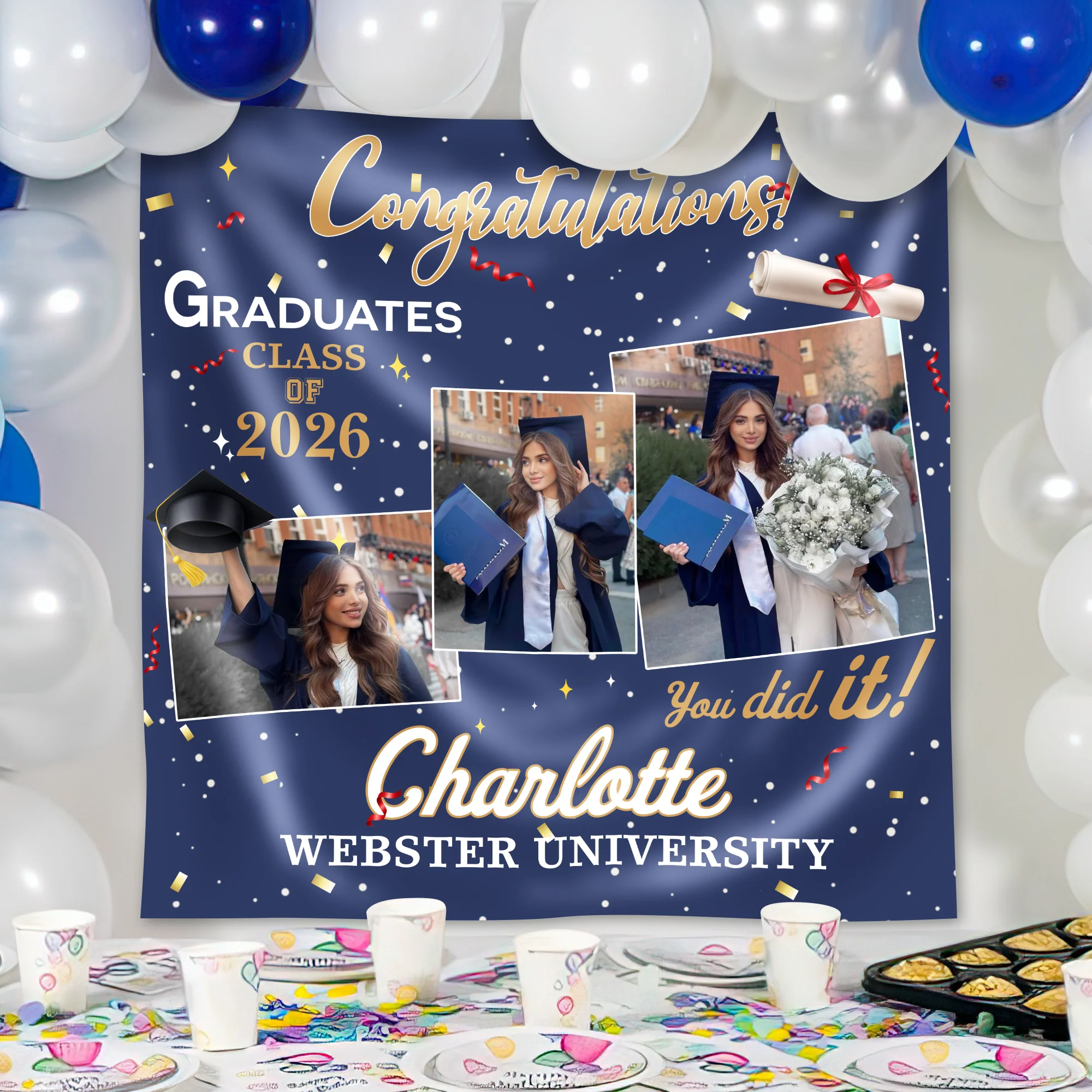 Personalized Congratulations Graduation Backdrop with Photo Class of 2026 Party Decor CH07 910192 - Image 2