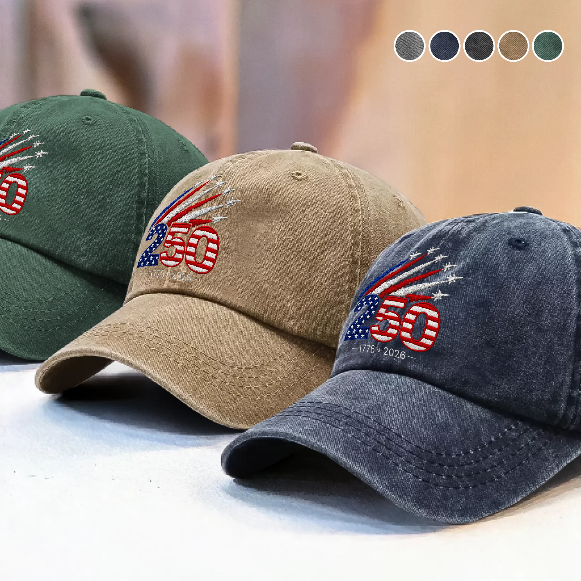 1776–2026 250 Years America Anniversary Embroidered Effect Washed Denim Baseball Cap LM32 668919 - Image 5
