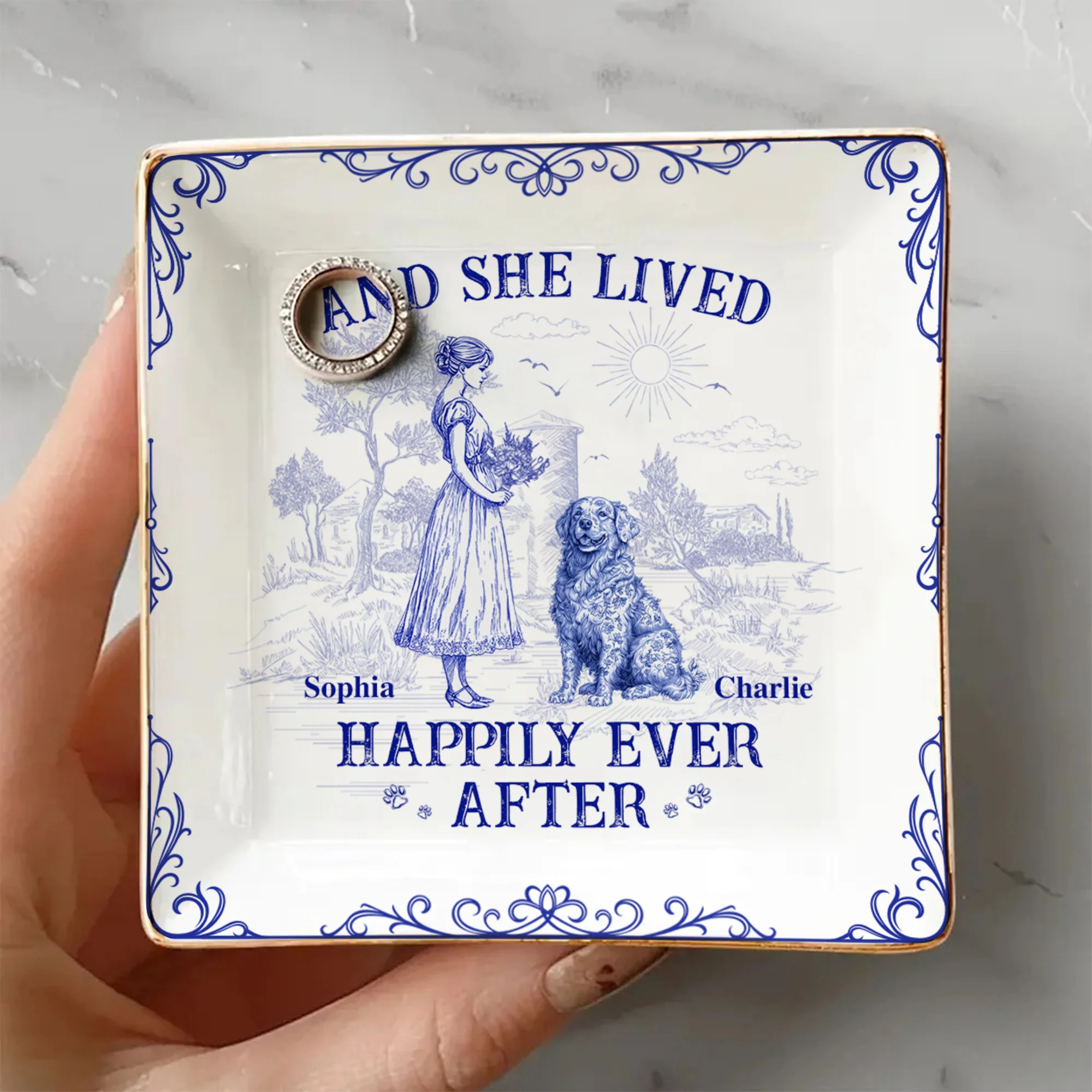 And She Lived Happily Ever After Dog Toile De Jouy Personalized Jewelry Dish LM32 893845 - Image 4