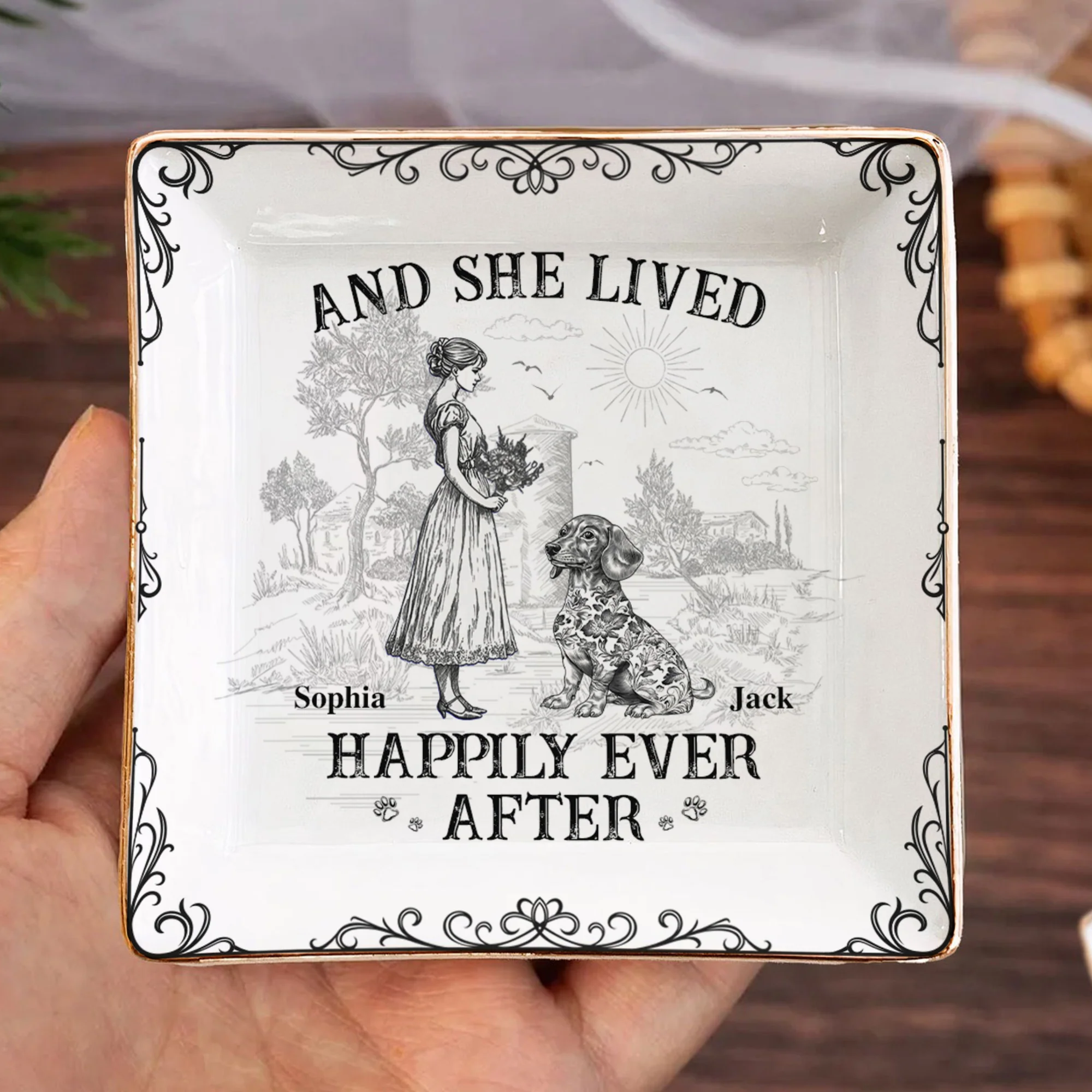 And She Lived Happily Ever After Dog Toile De Jouy Personalized Jewelry Dish LM32 893845 - Image 5