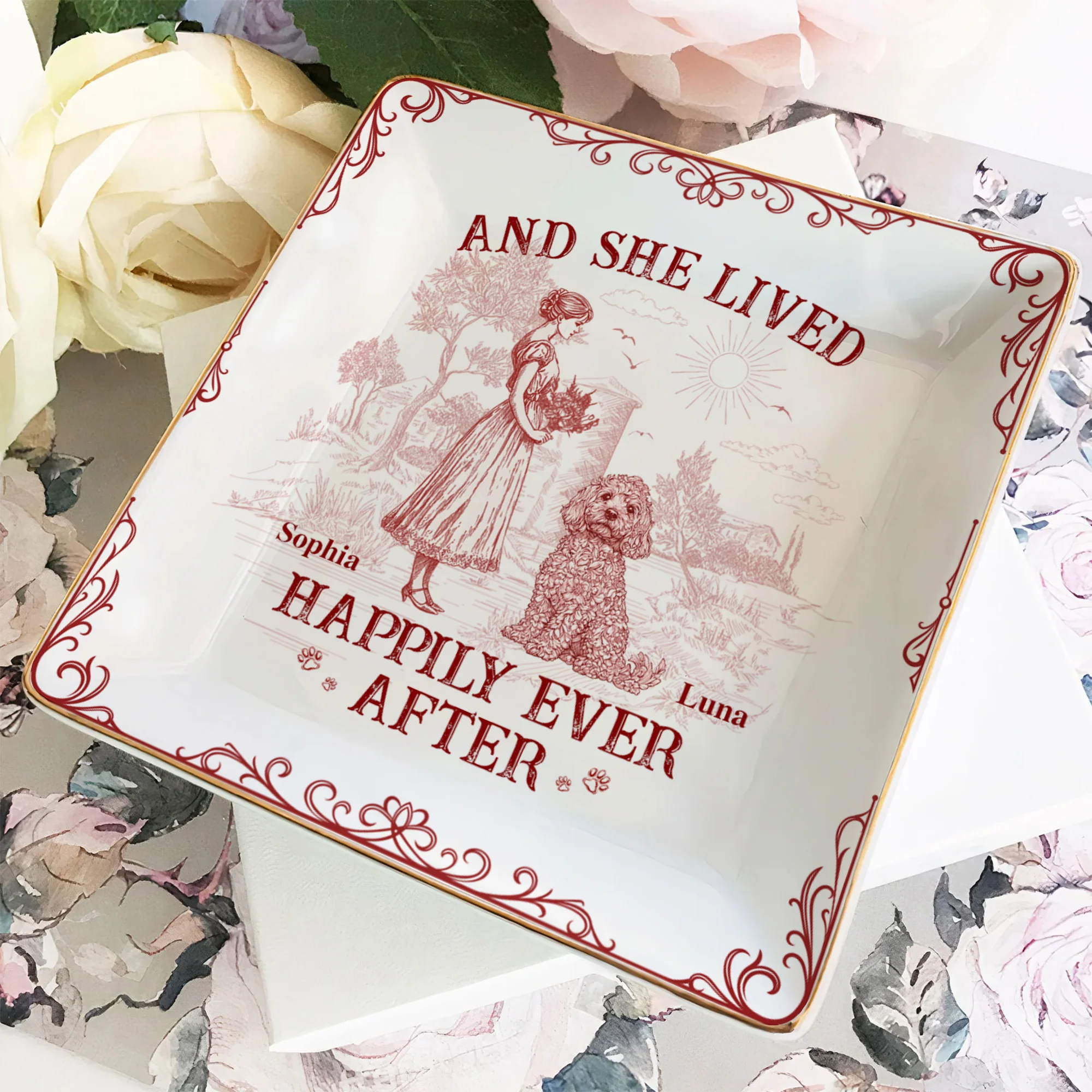 And She Lived Happily Ever After Dog Toile De Jouy Personalized Jewelry Dish LM32 893845 - Image 6