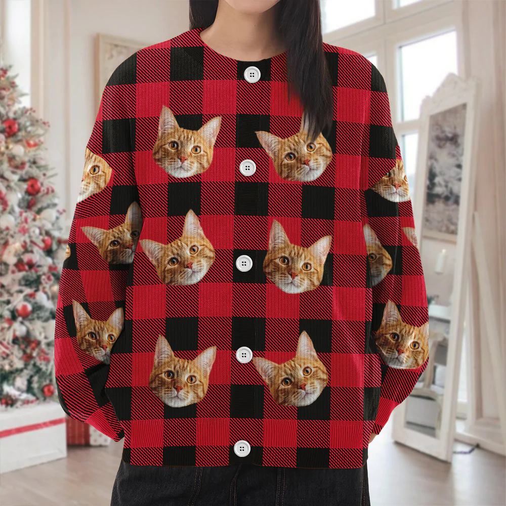 Custom Cat Face Photo With Christmas Pattern Ugly Cardigan CH07 899824 - Image 3