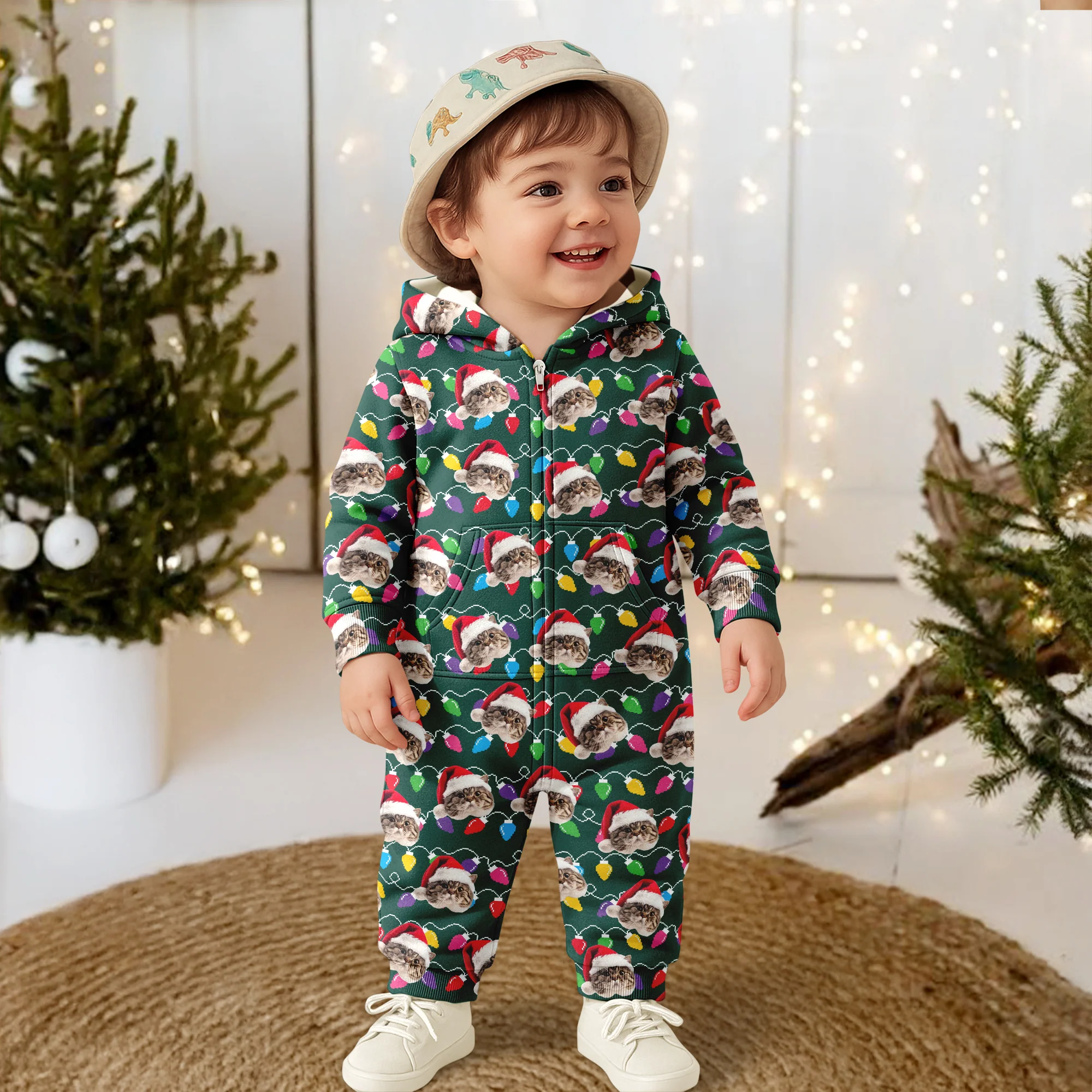 Custom Cat Face Photo With Colorful Christmas Lights Onesie Pajamas HO82 900202 - Image 4