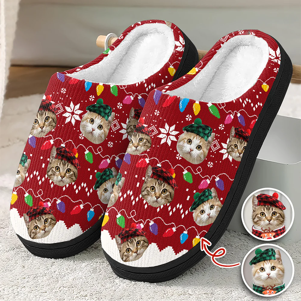 Custom Cat Faces Funny Christmas Lights Plush Slippers Gift For Cat Lovers HO82 900158 - Image 2
