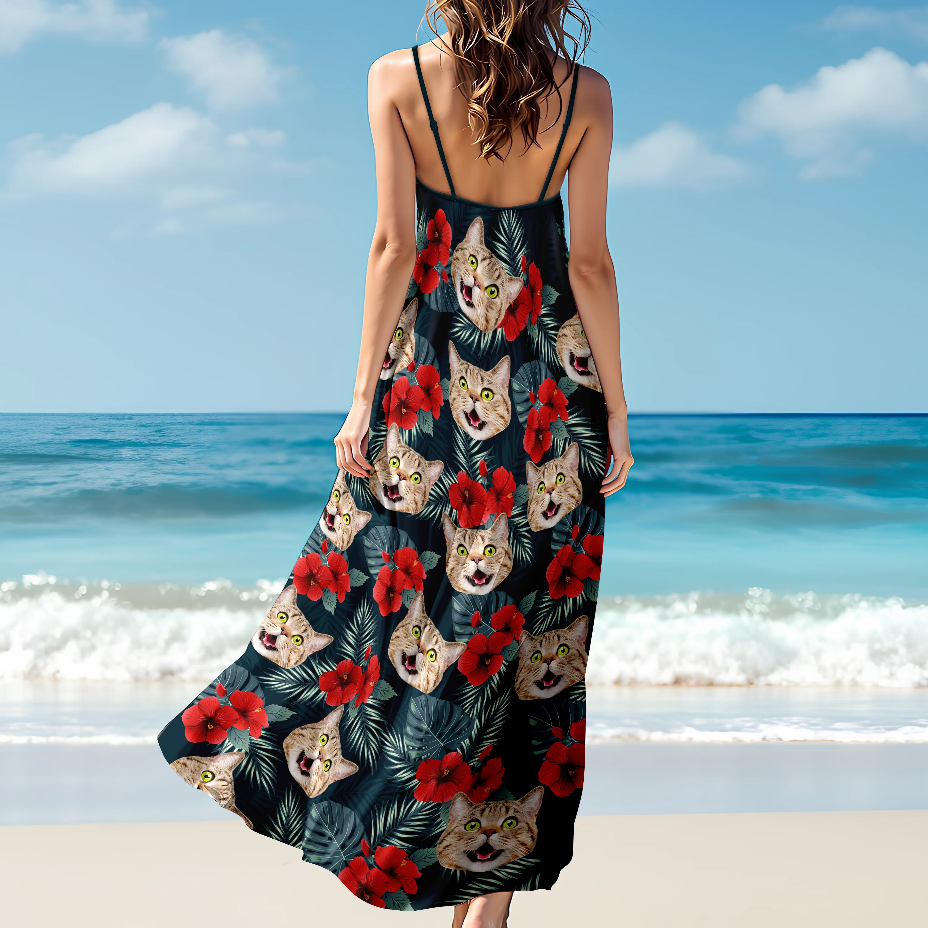 Custom Cat Photo Tropical Women's V-Neck Cami Maxi Dress HA75 892236 - Image 2