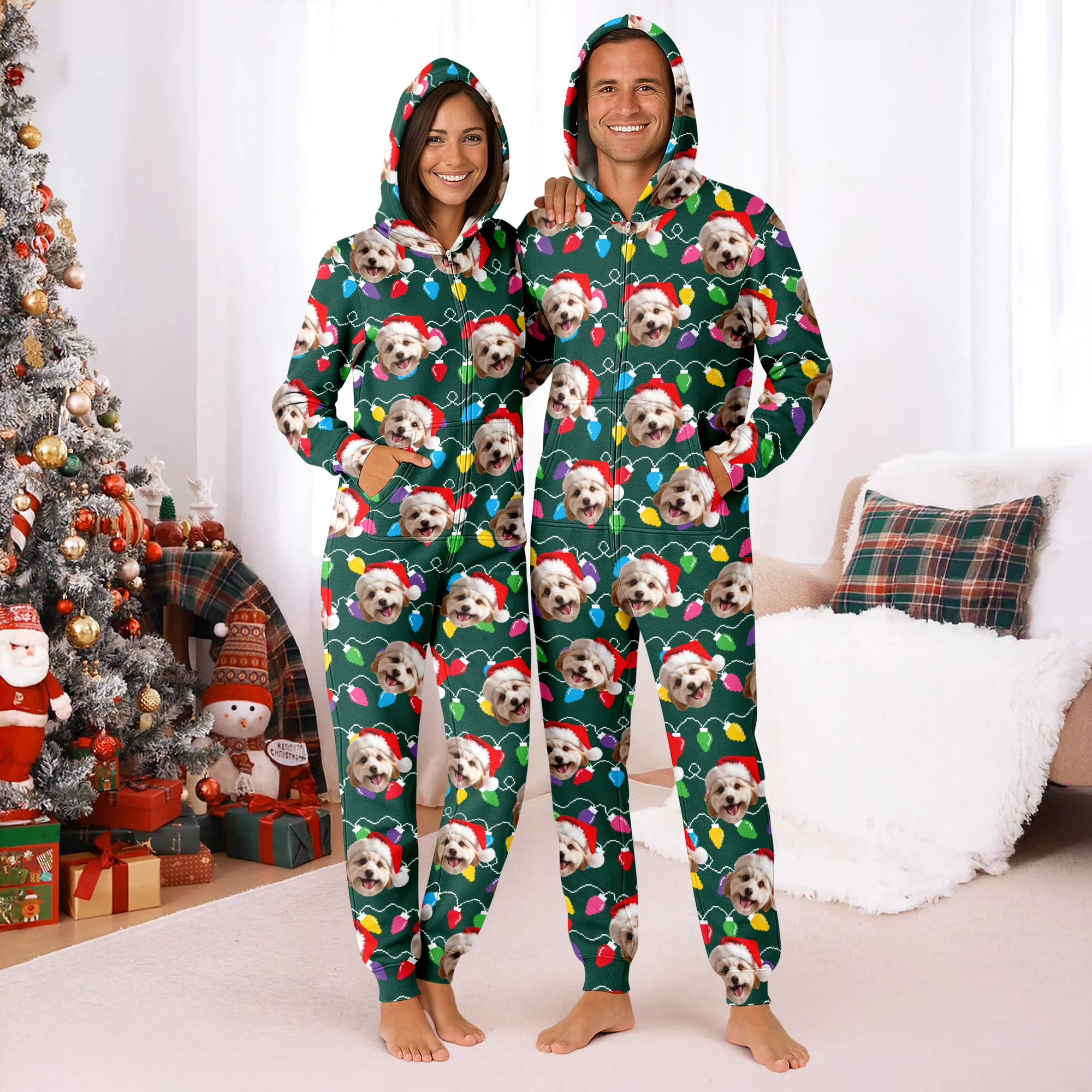 Custom Dog Face Photo With Colorful Christmas Lights Onesie Pajamas HO82 900200 - Image 5