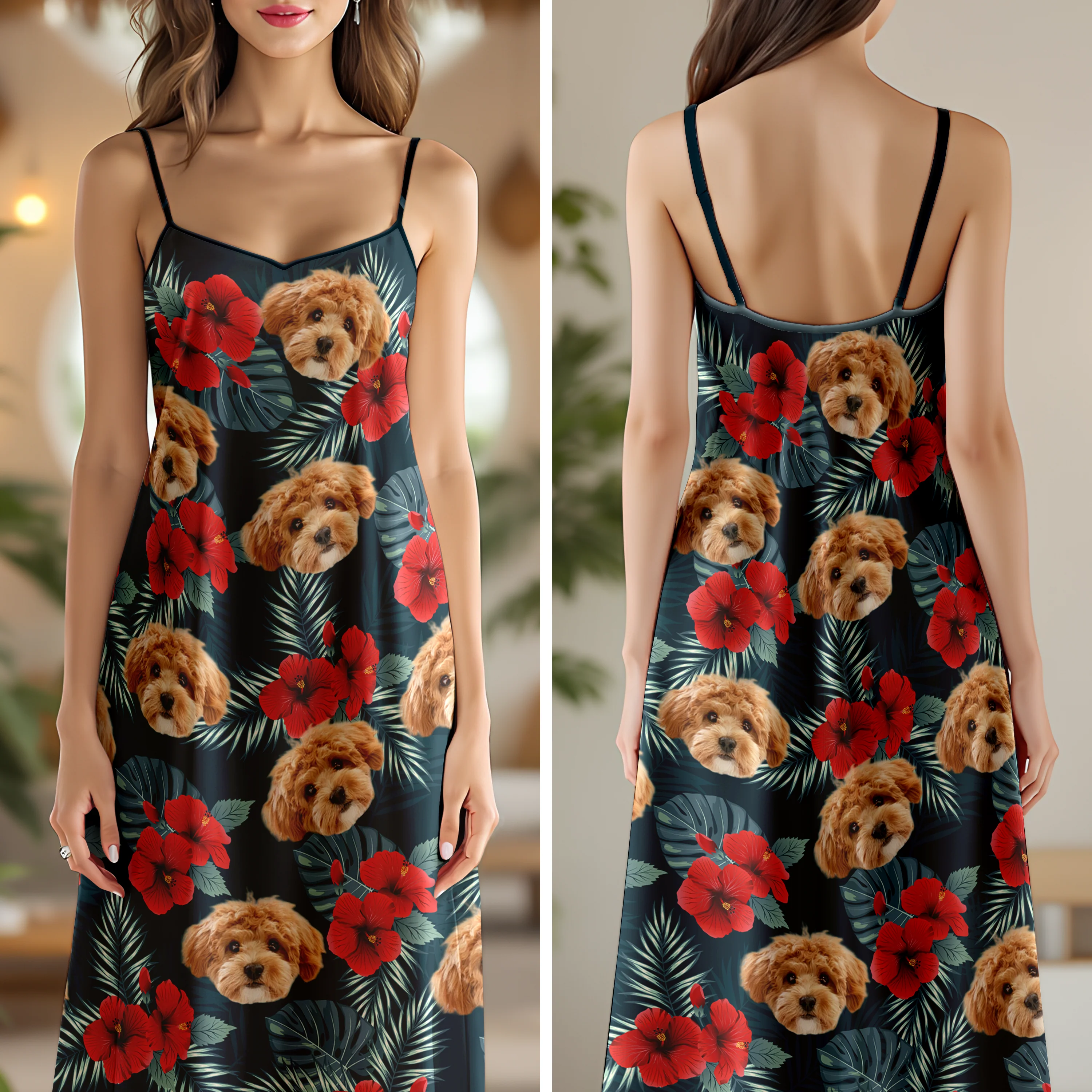 Custom Dog Photo Tropical Women's V-Neck Cami Maxi Dress HA75 892234 - Image 2