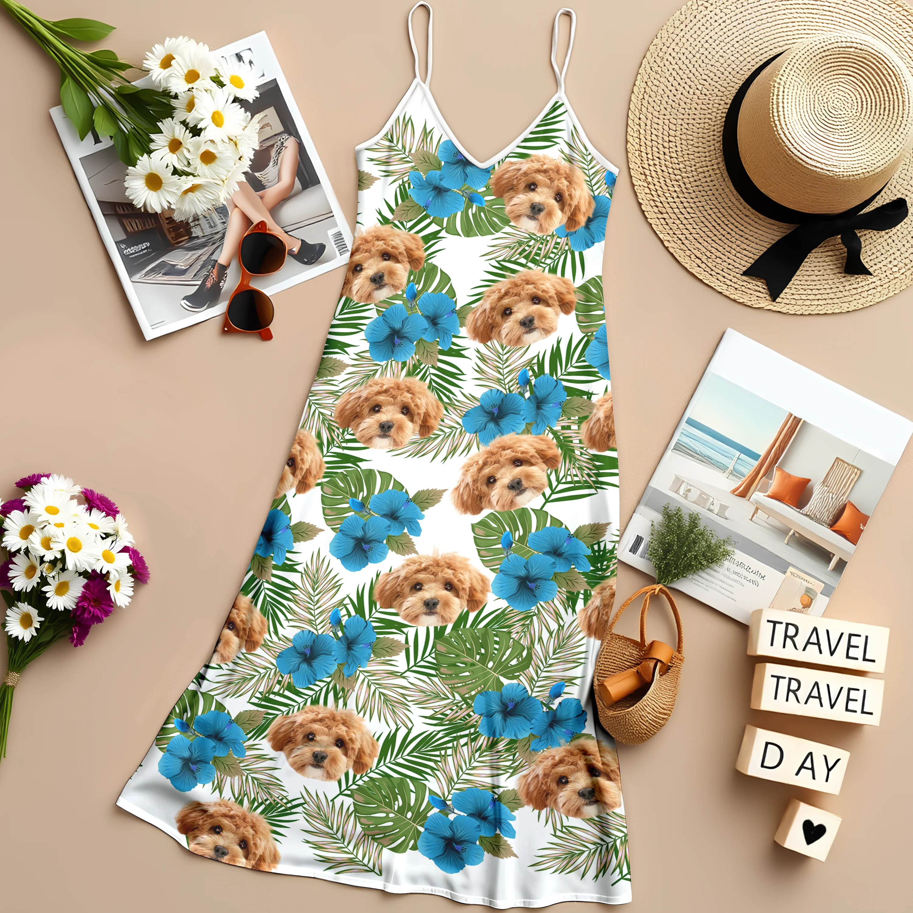 Custom Dog Photo Tropical Women's V-Neck Cami Maxi Dress HA75 892234 - Image 9