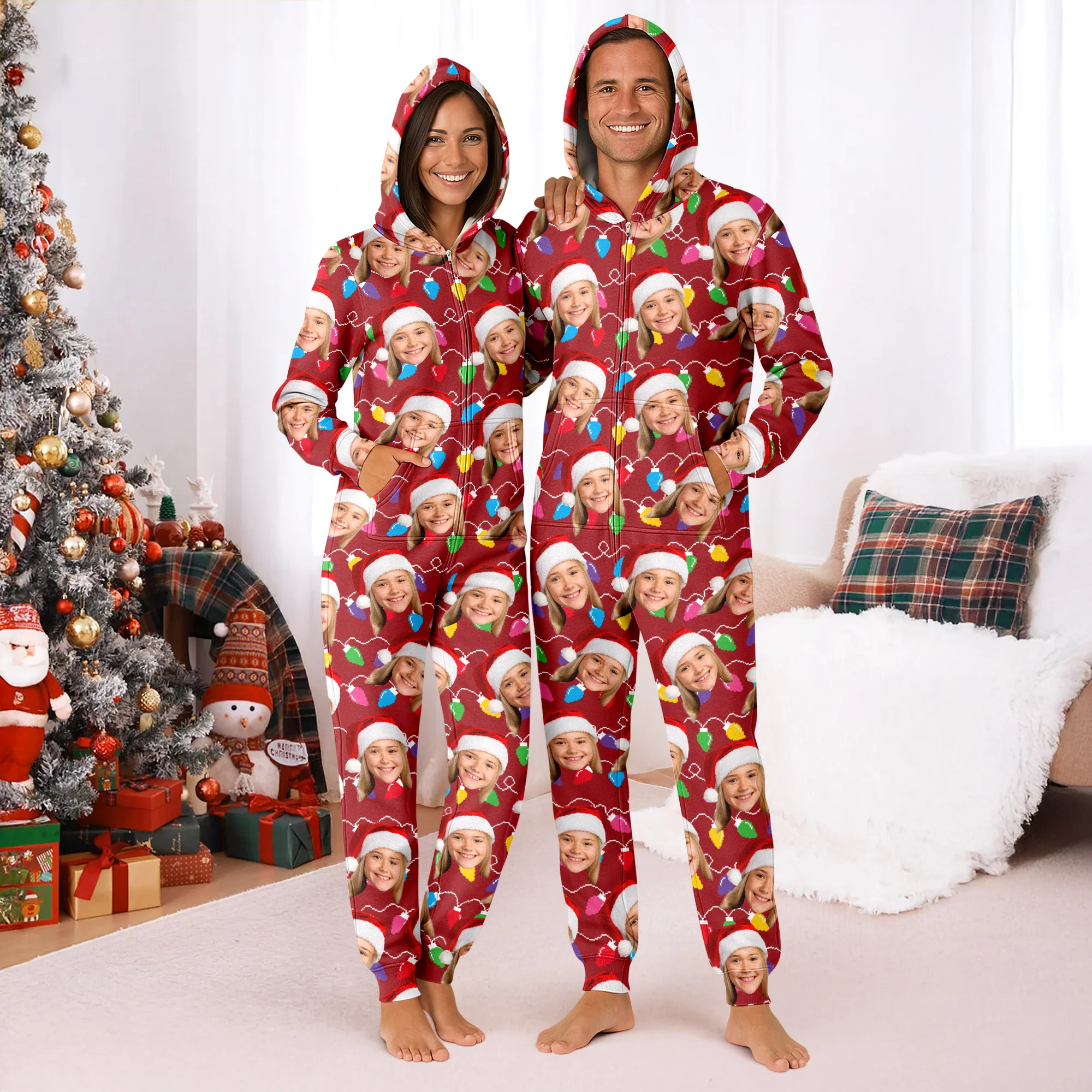 Custom Human Face Photo With Colorful Christmas Lights Onesie Pajamas HO82 900188 - Image 4