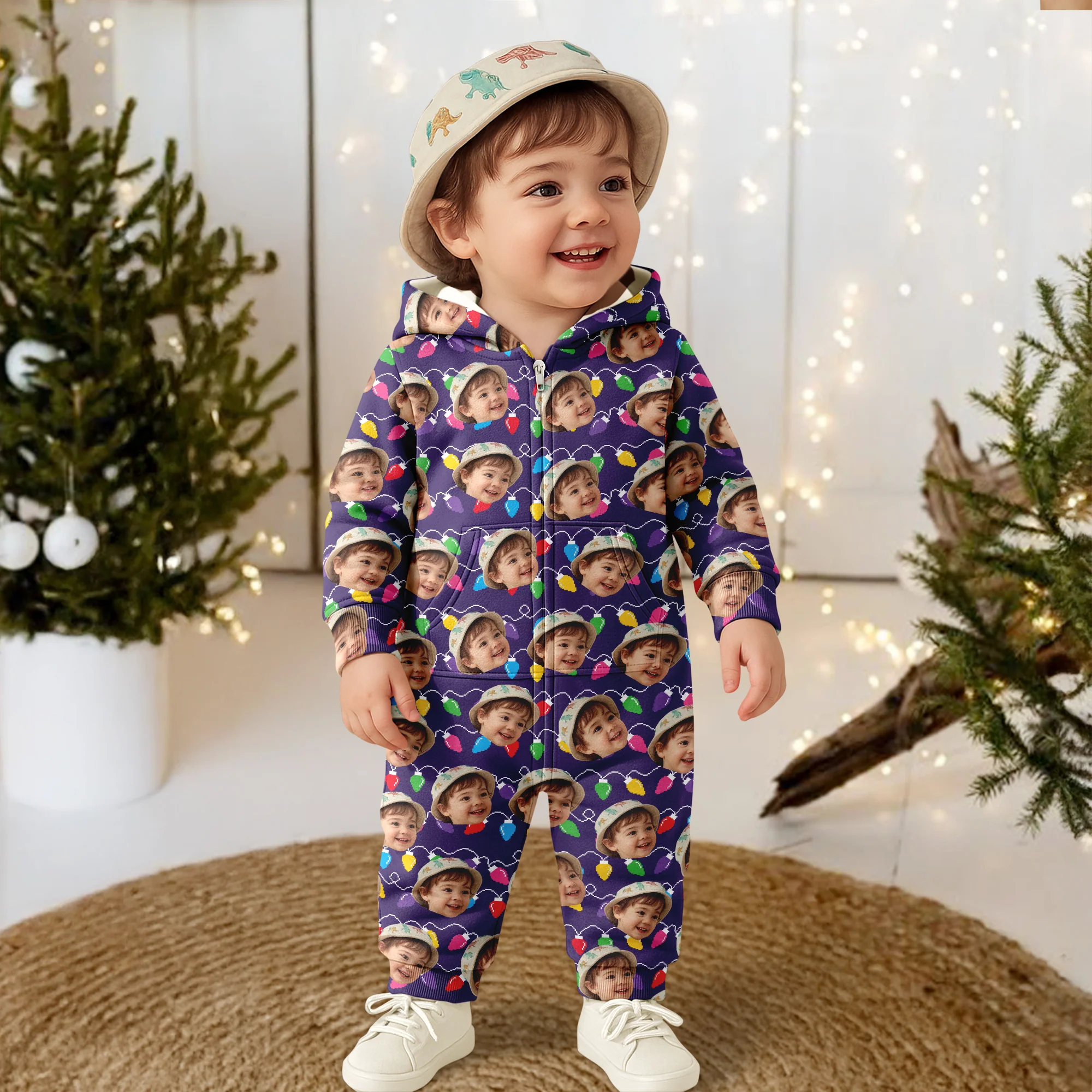 Custom Human Face Photo With Colorful Christmas Lights Onesie Pajamas HO82 900188 - Image 5