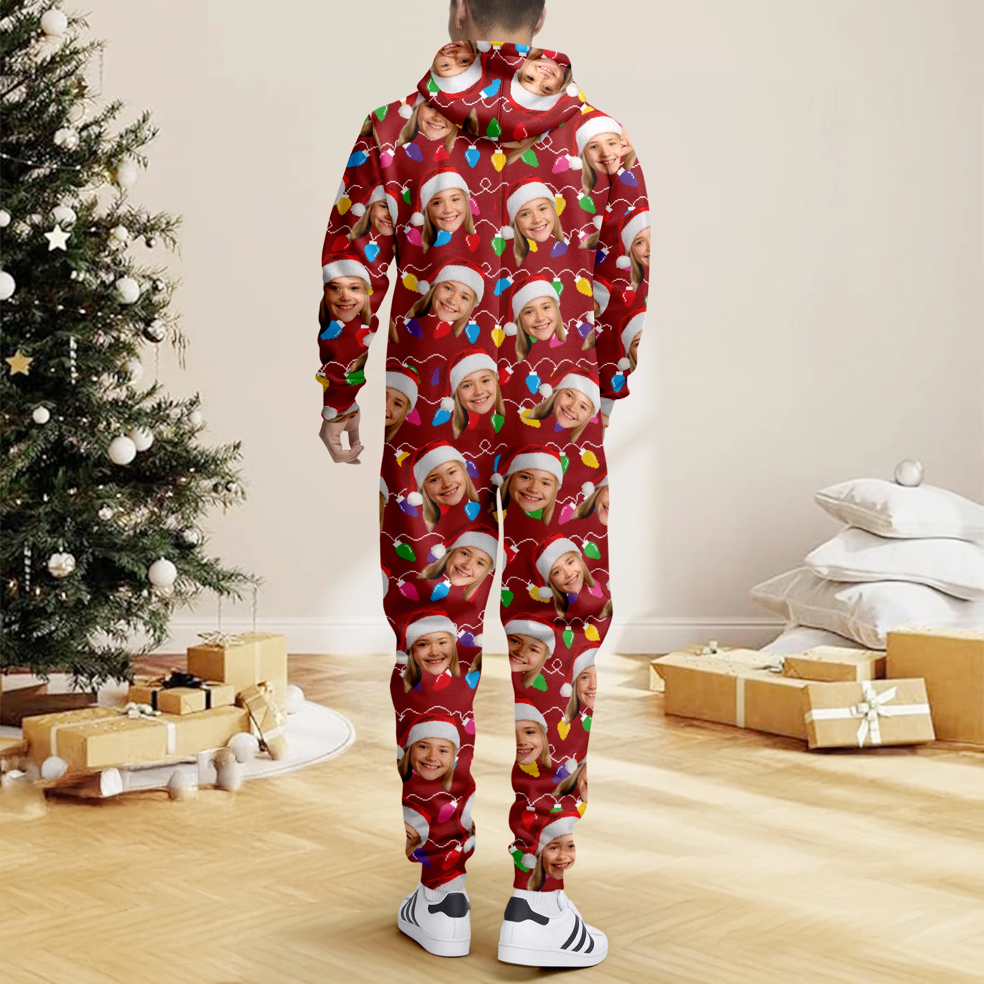 Custom Human Face Photo With Colorful Christmas Lights Onesie Pajamas HO82 900188 - Image 6