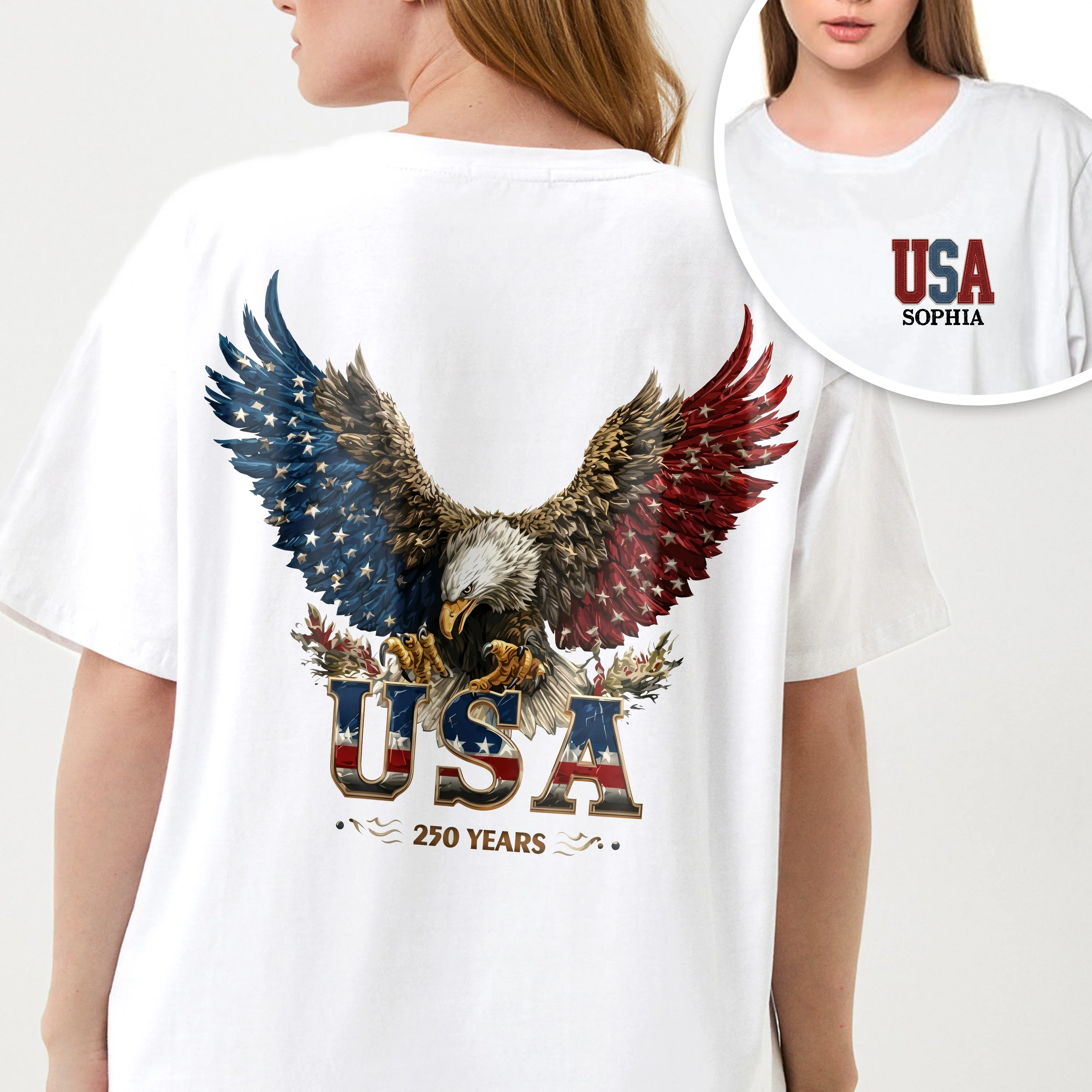 Custom Name American Eagle USA 250 Years Patriotic Front And Back Shirt HO82 901840 - Image 2