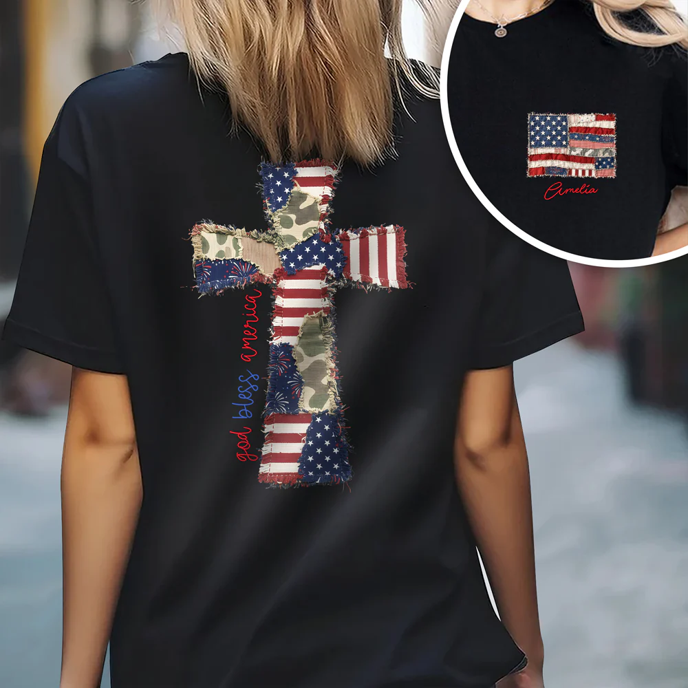 Custom Name God Bless America Patchwork USA Flag Back & Front Dark Shirt HO82 902202 - Image 4