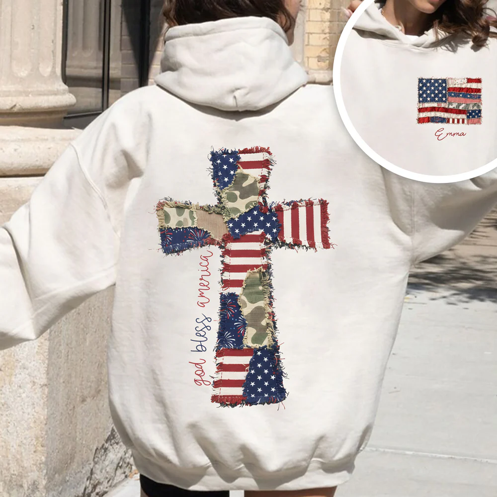 Custom Name God Bless America Patchwork USA Flag Back & Front Shirt HO82 902224 - Image 3