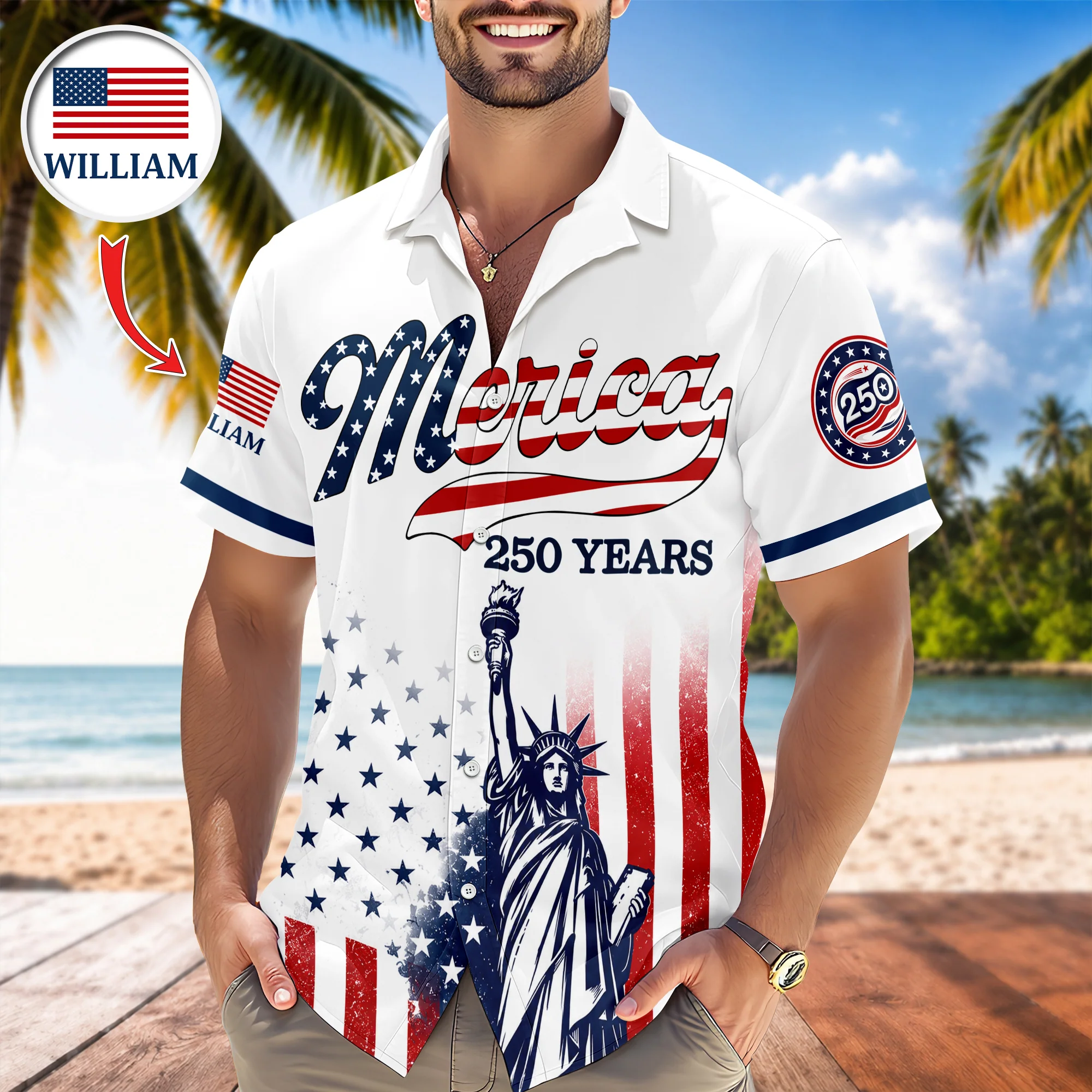 Custom Name USA 250th Anniversary Patriotic Statue of Liberty Merica 250 Baseball Hawaii Shirt HO82 902916 - Image 2