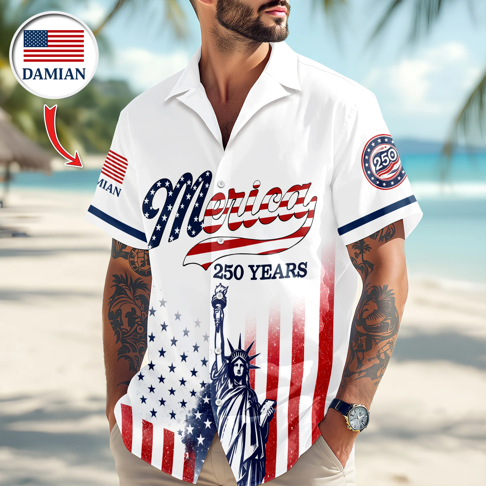 Custom Name USA 250th Anniversary Patriotic Statue of Liberty Merica 250 Baseball Hawaii Shirt HO82 902916 - Image 3