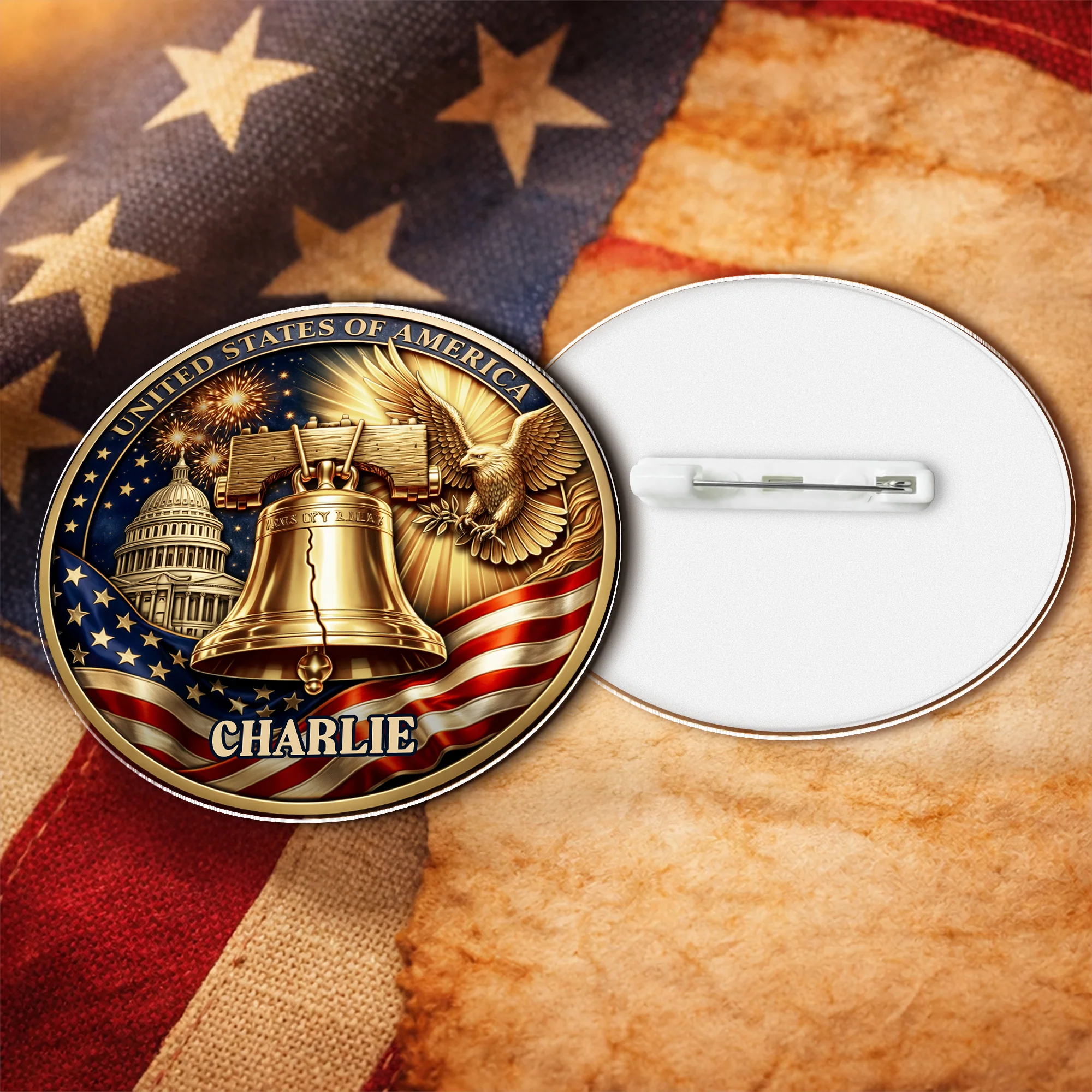 Custom Name USA Semiquincentennial 1776-2026 Liberty Bell & Eagle Badge Acrylic Pin HO82 901824 - Image 3