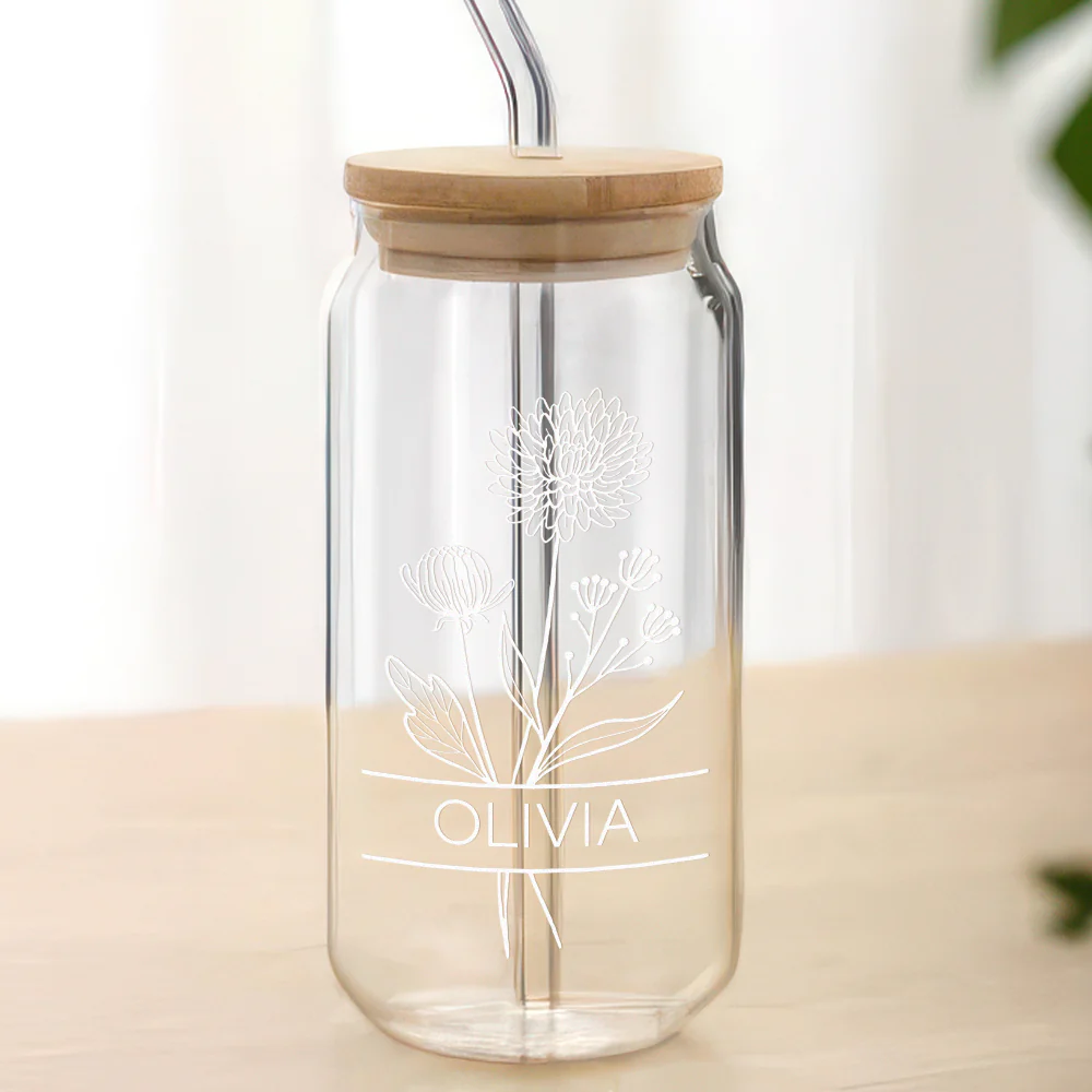 Custom Name With Birth Flower Engraved Glass Can With Lid HO82 894368 - Image 4