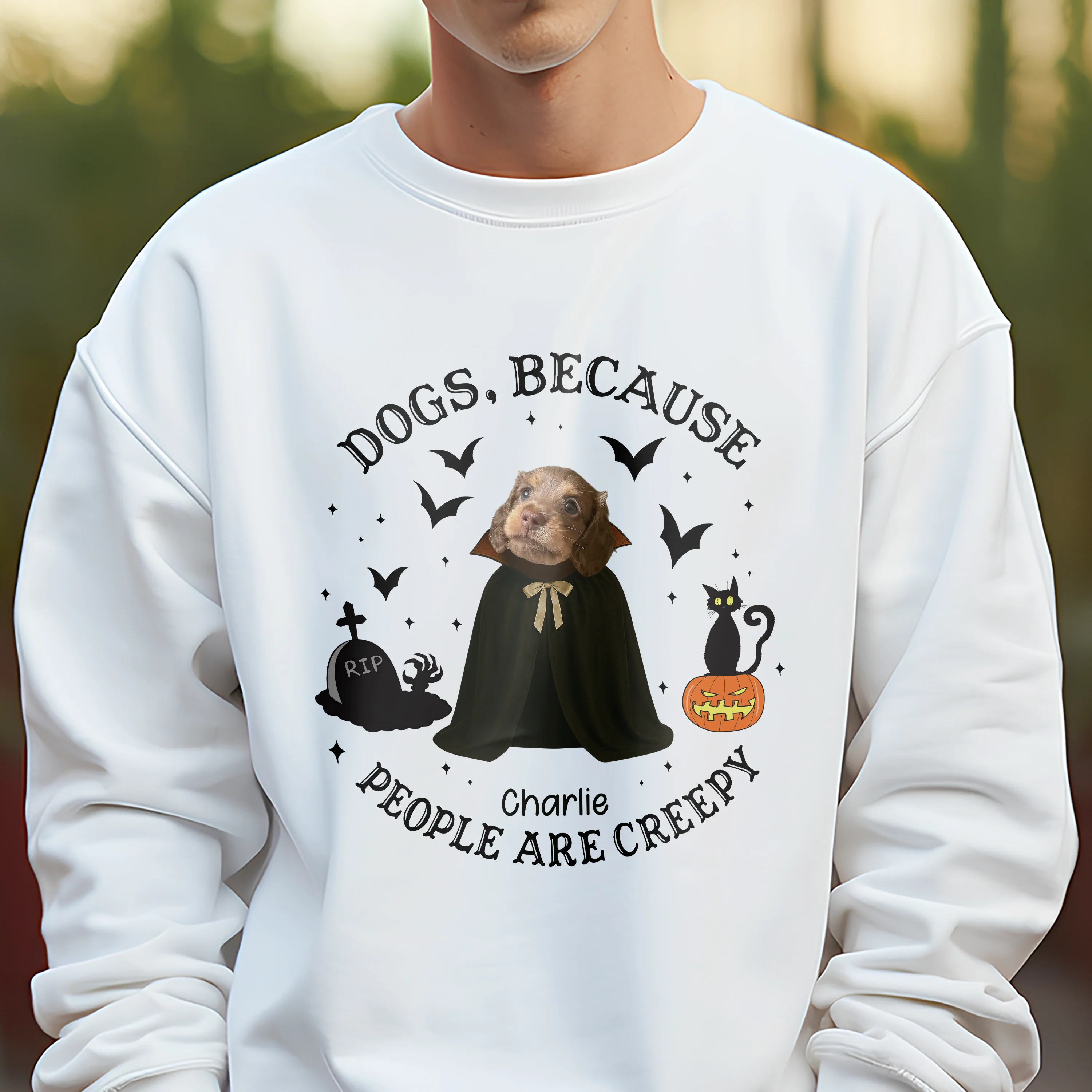 Custom Photo Because People Are Creepy Halloween Ghost Dog Shirt HA75 897630 - Image 2