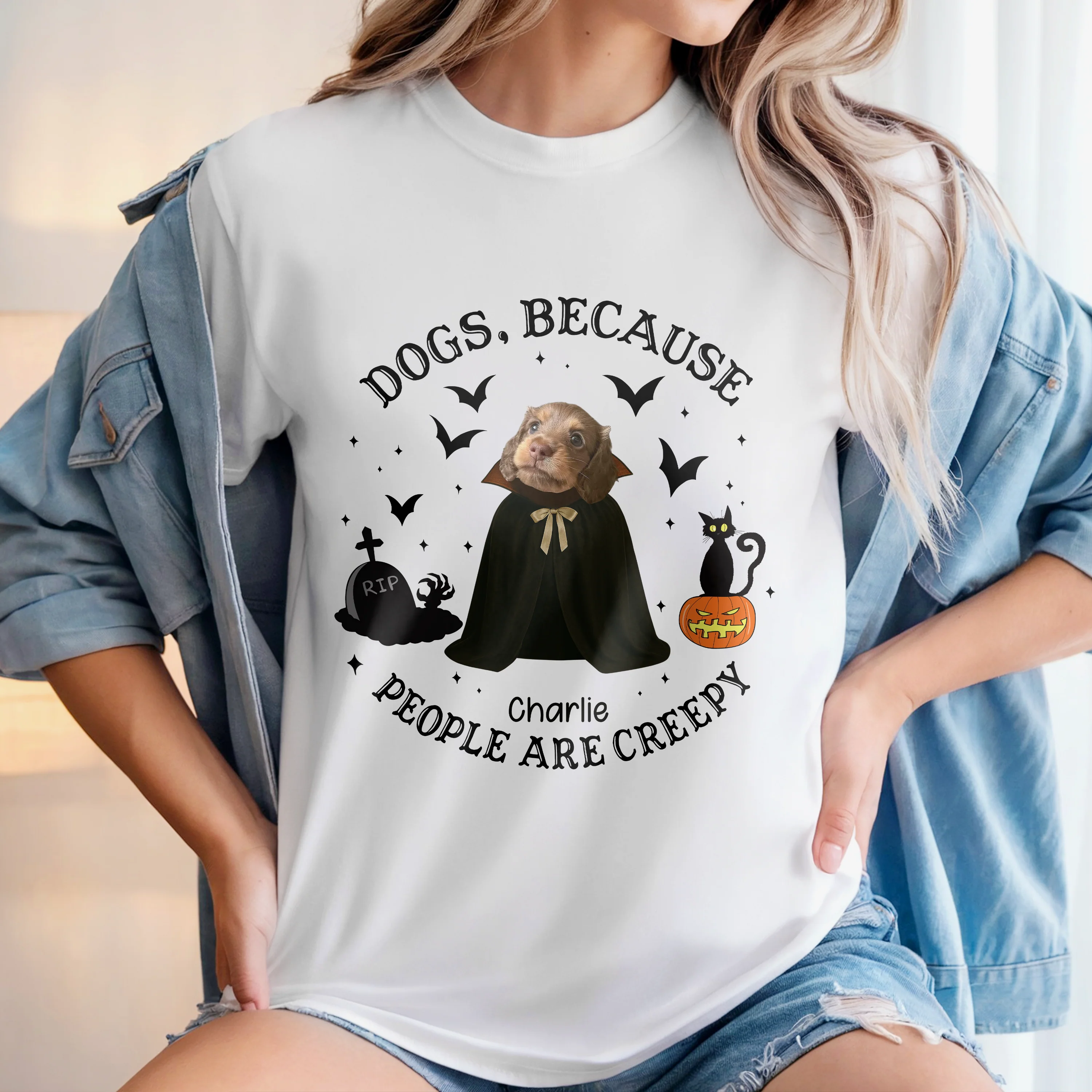 Custom Photo Because People Are Creepy Halloween Ghost Dog Shirt HA75 897630 - Image 4