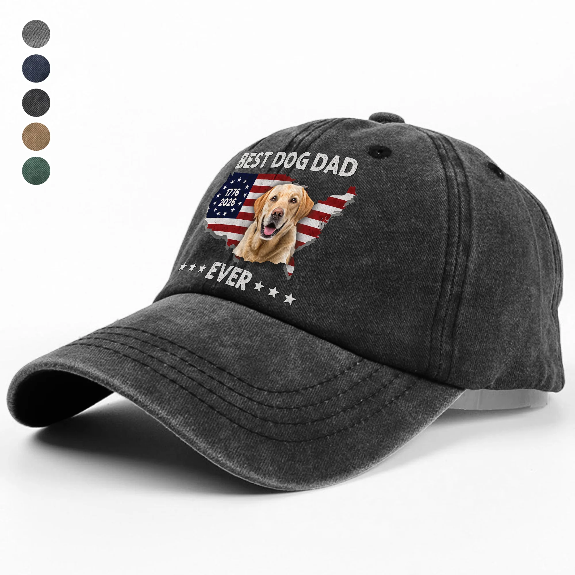 Custom Photo Best Dog Dad Ever US Flag 1776 - 2026 Washed Denim Baseball Cap HA75 921356 - Image 3
