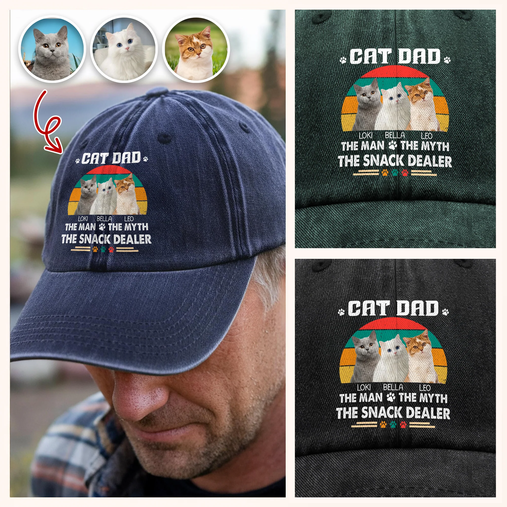 Custom Photo Cat Dad The Man The Myth The Snack Dealer - Personalized Washed Denim Baseball Cap CH07 896580 - Image 3