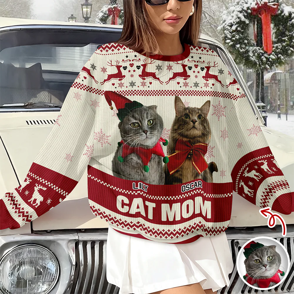 Custom Photo Cat Mom Pawlidays - Personalized Christmas Ugly Sweatshirt CH07 899372 - Image 6