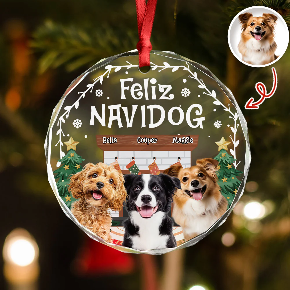 Custom Photo Cozy Room Feliz Navidog - Personalized Circle Glass Ornament LM32 895759 - Image 2