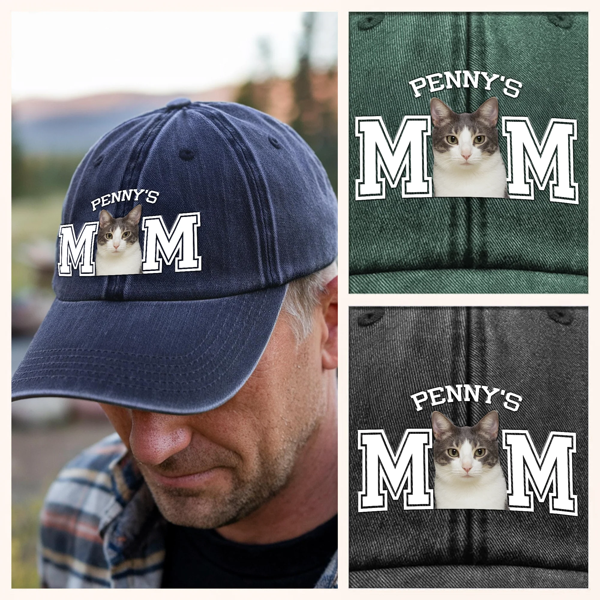 Custom Photo Dog Cat Dad Washed Denim Baseball Cap HA75 892466 - Image 13