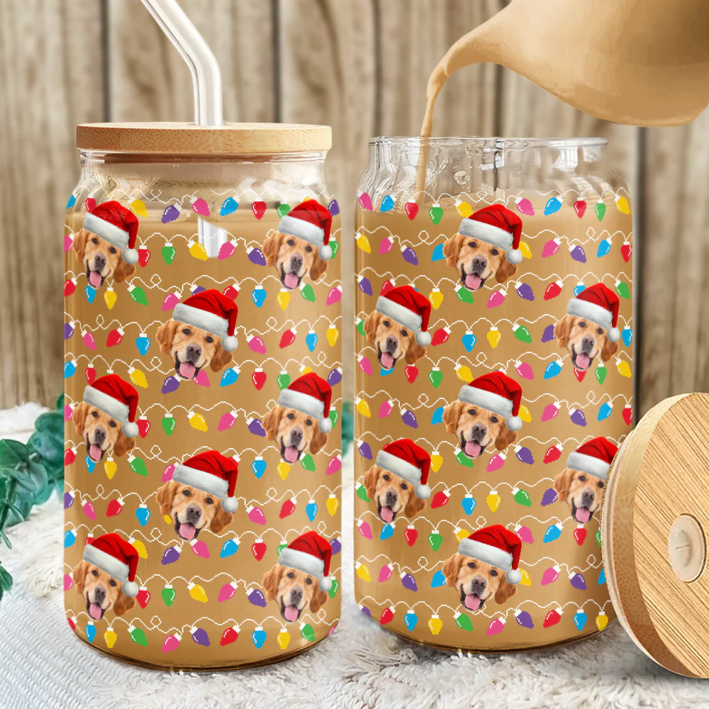 Custom Photo Dog Cat With Colorful Christmas Lights Glass Can With Lid For Dog Cat Lovers HA75 898328 - Image 2
