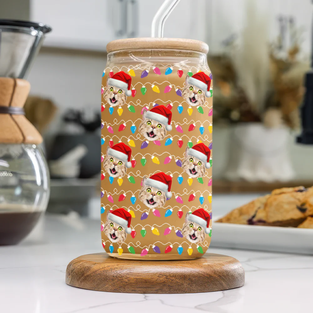 Custom Photo Dog Cat With Colorful Christmas Lights Glass Can With Lid For Dog Cat Lovers HA75 898328 - Image 6