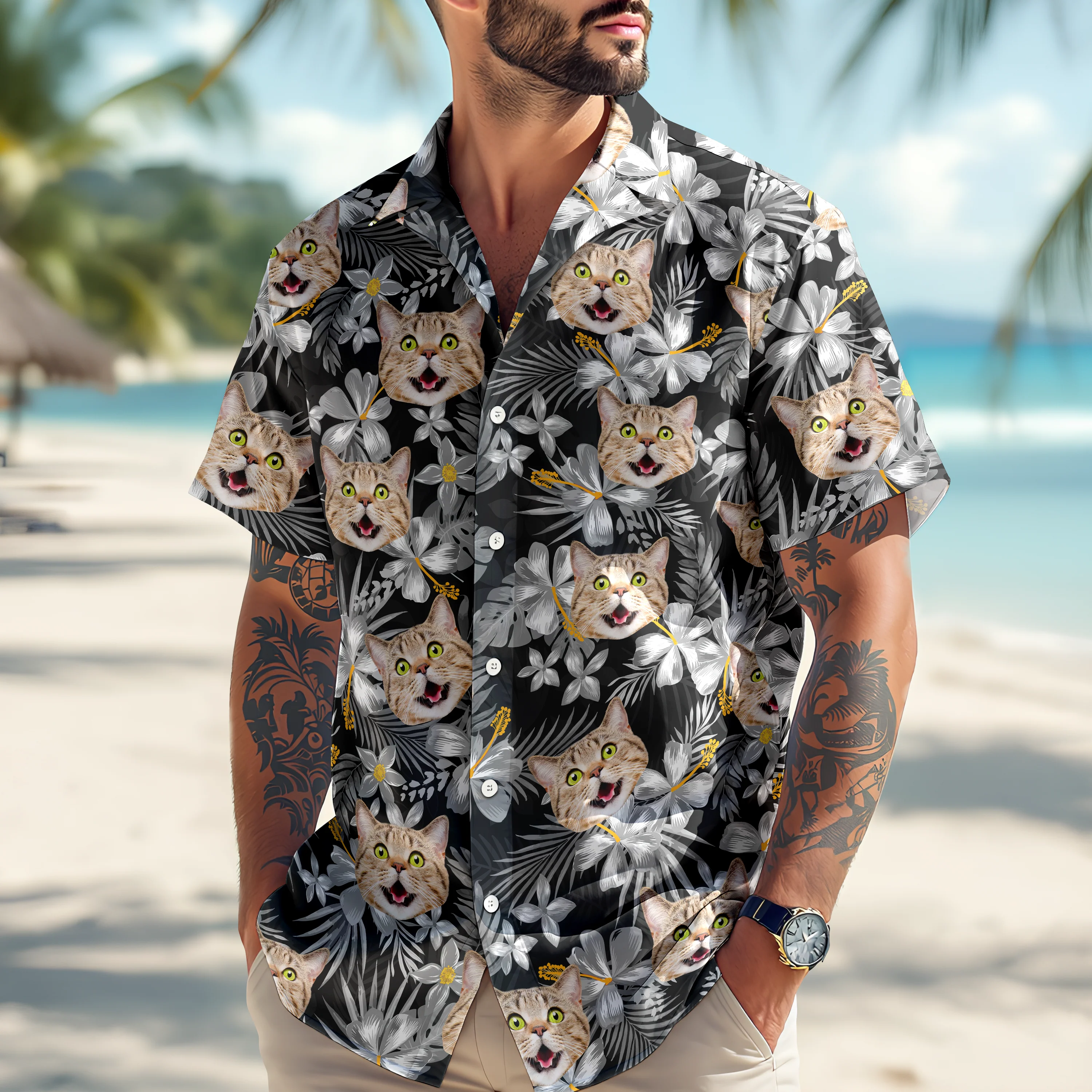 Custom Photo Funny Cat Family Tropical Hawaii Shirt HA75 892288 - Image 2