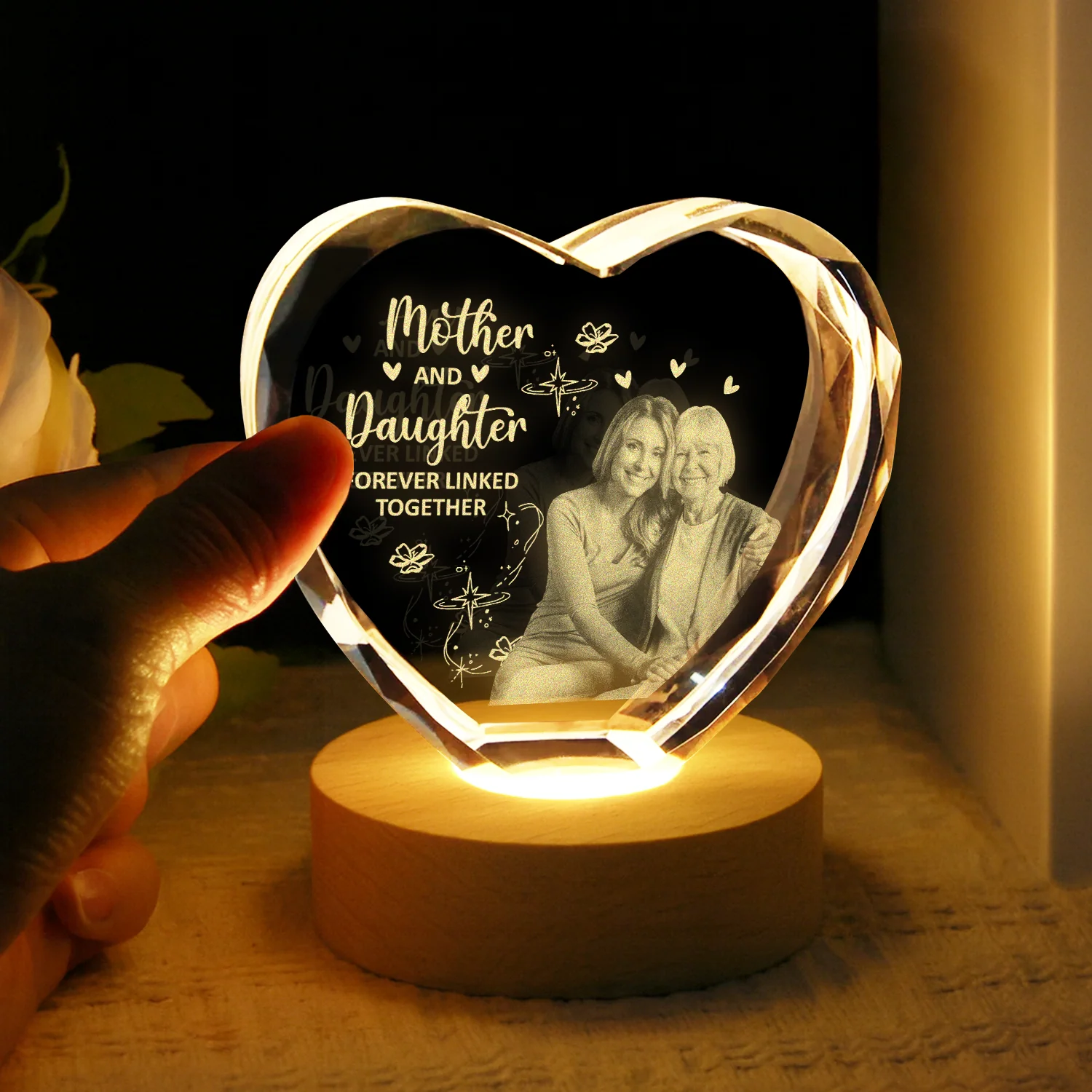 Custom Photo Mother And Daughter Forever Linked Together Engraved Crystal Photo With Light HA75 920544 - Image 3
