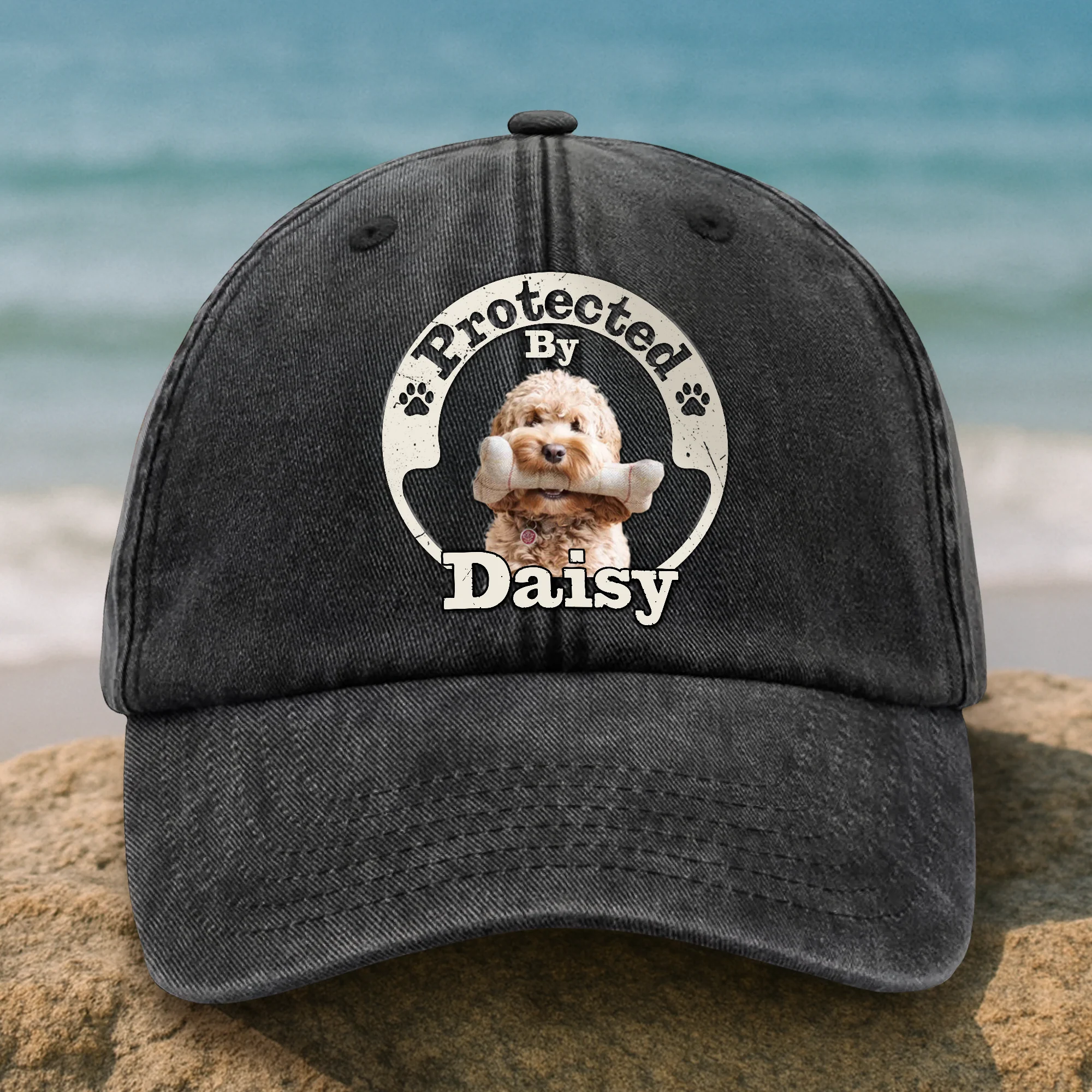 Custom Photo Protected By Human Dog Washed Denim Baseball Cap HO82 894142 - Image 3
