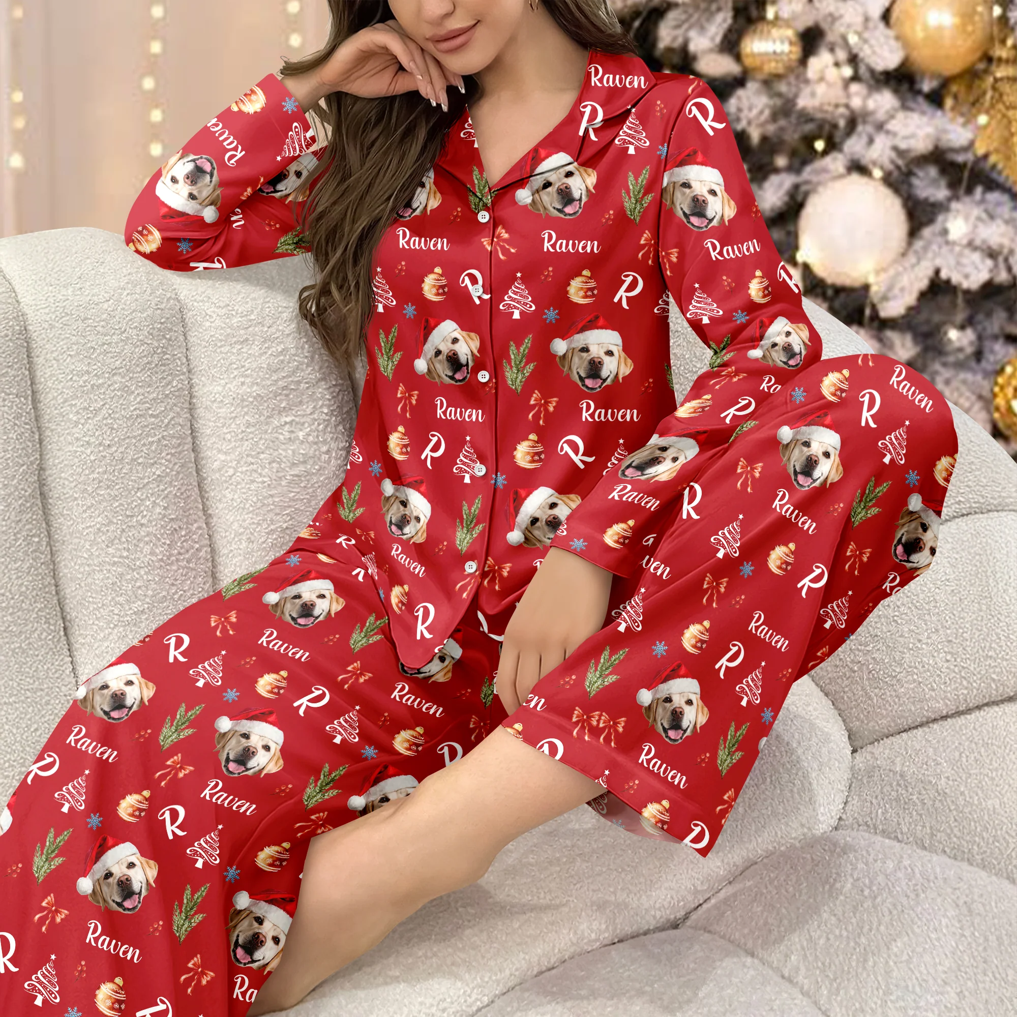 Custom Photo Santa Claus Pine Tree Snowflakes Long Pajamas LM32 895635 - Image 2