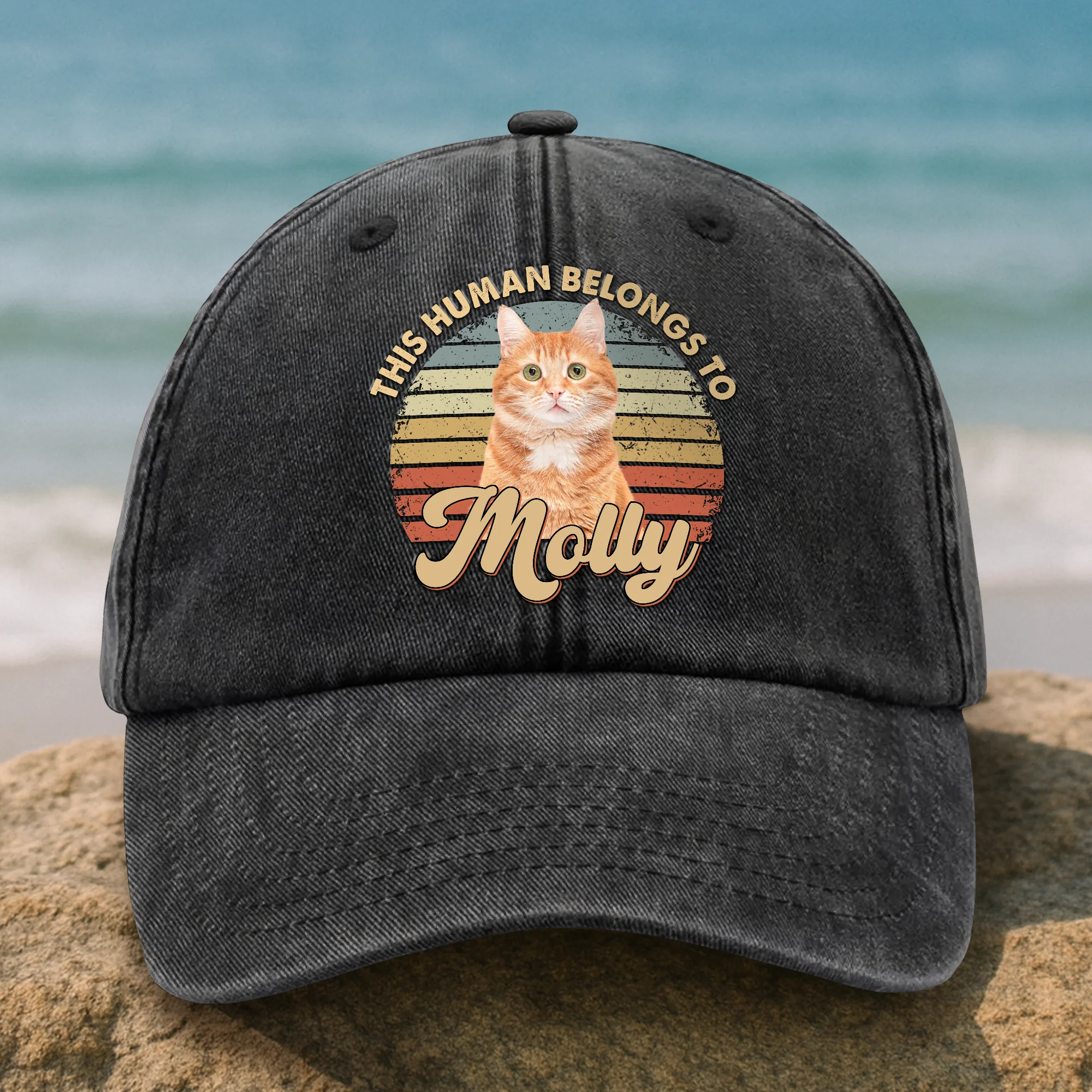 Custom Photo This Human Belongs To Dog, Cat Washed Denim Baseball Cap HA75 892512 - Image 3