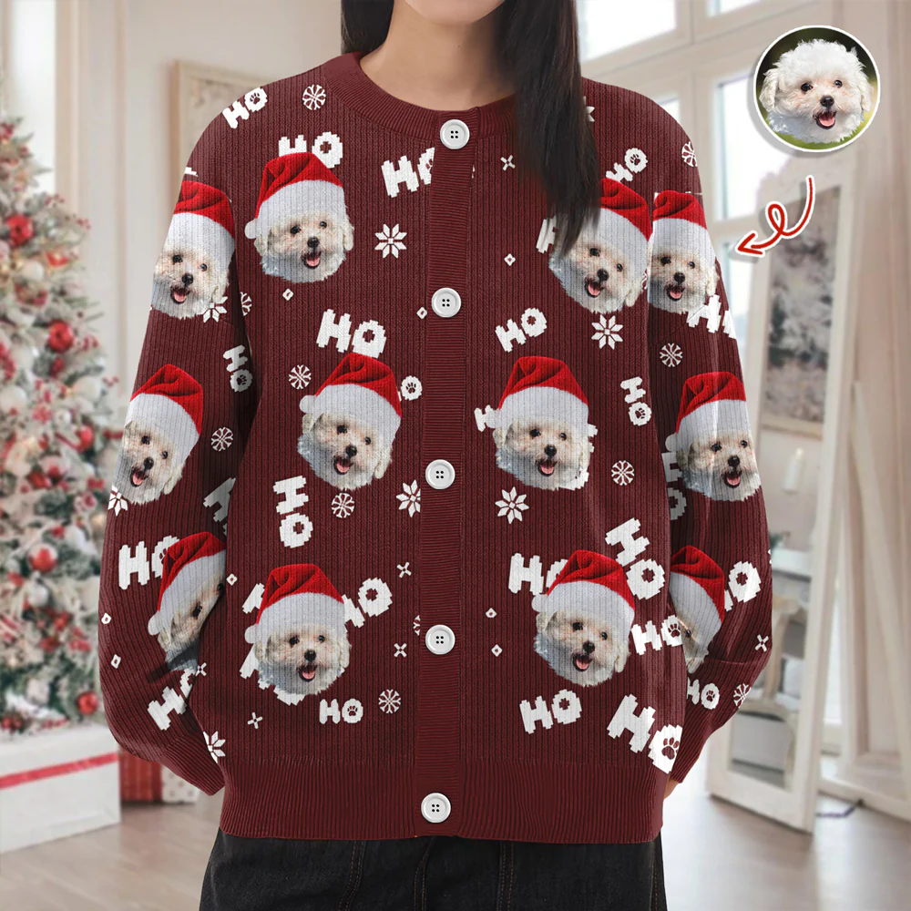 Custom Puppy Photo Ho Ho Ho Chritsmas Cardigan Gift For Pet Lovers CH07 899906 - Image 2