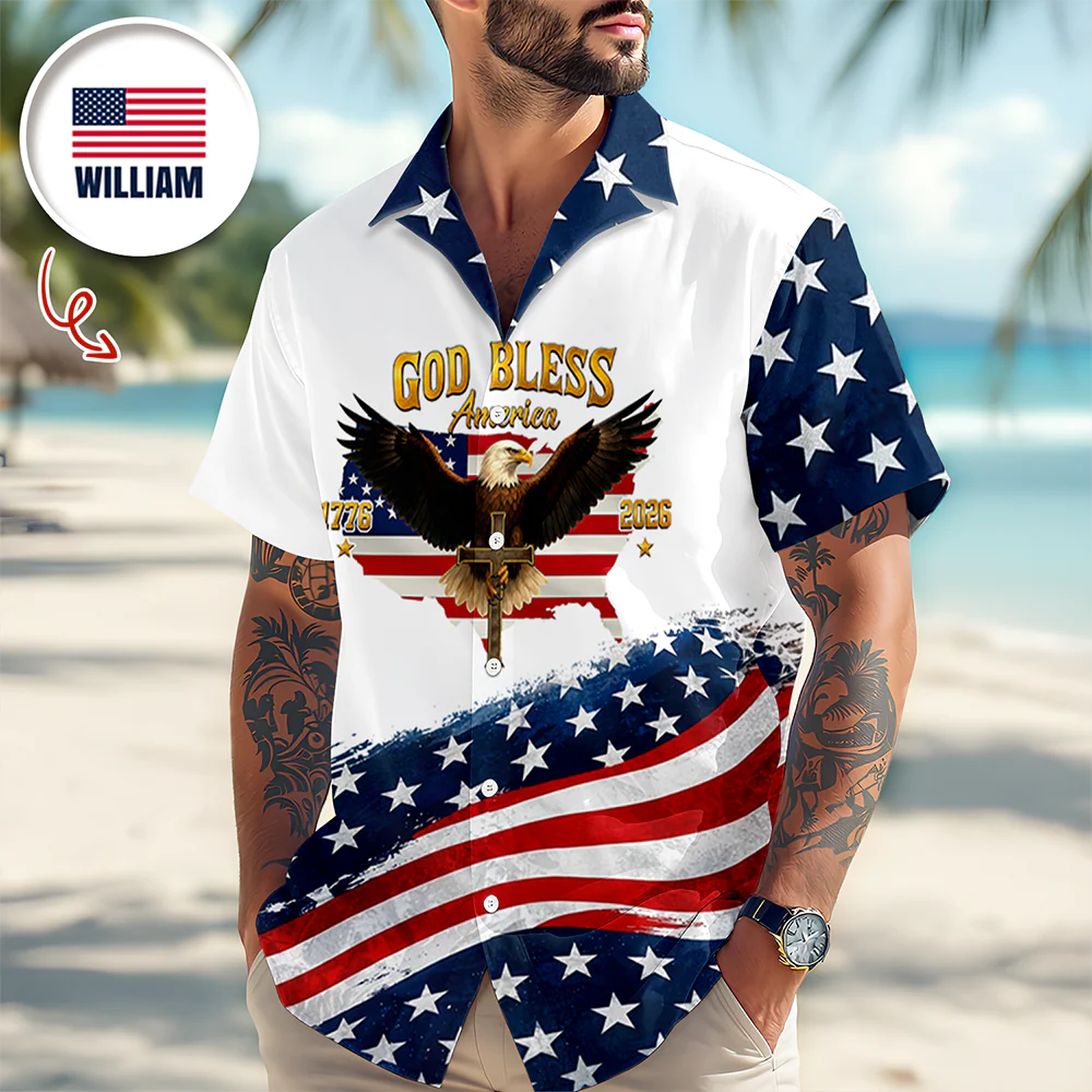 God Bless America Shirt – Personalized Name USA Flag Eagle Cross Hawaiian Shirt CH07 911292 - Image 4