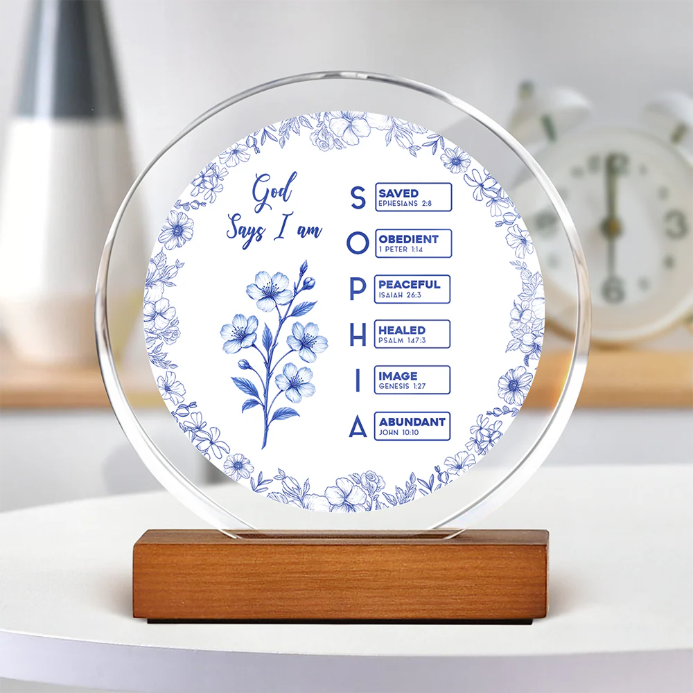 God Says I Am Name Letter In Bible Toile De Jouy Style Round Acrylic Frame Block HO82 894636 - Image 3
