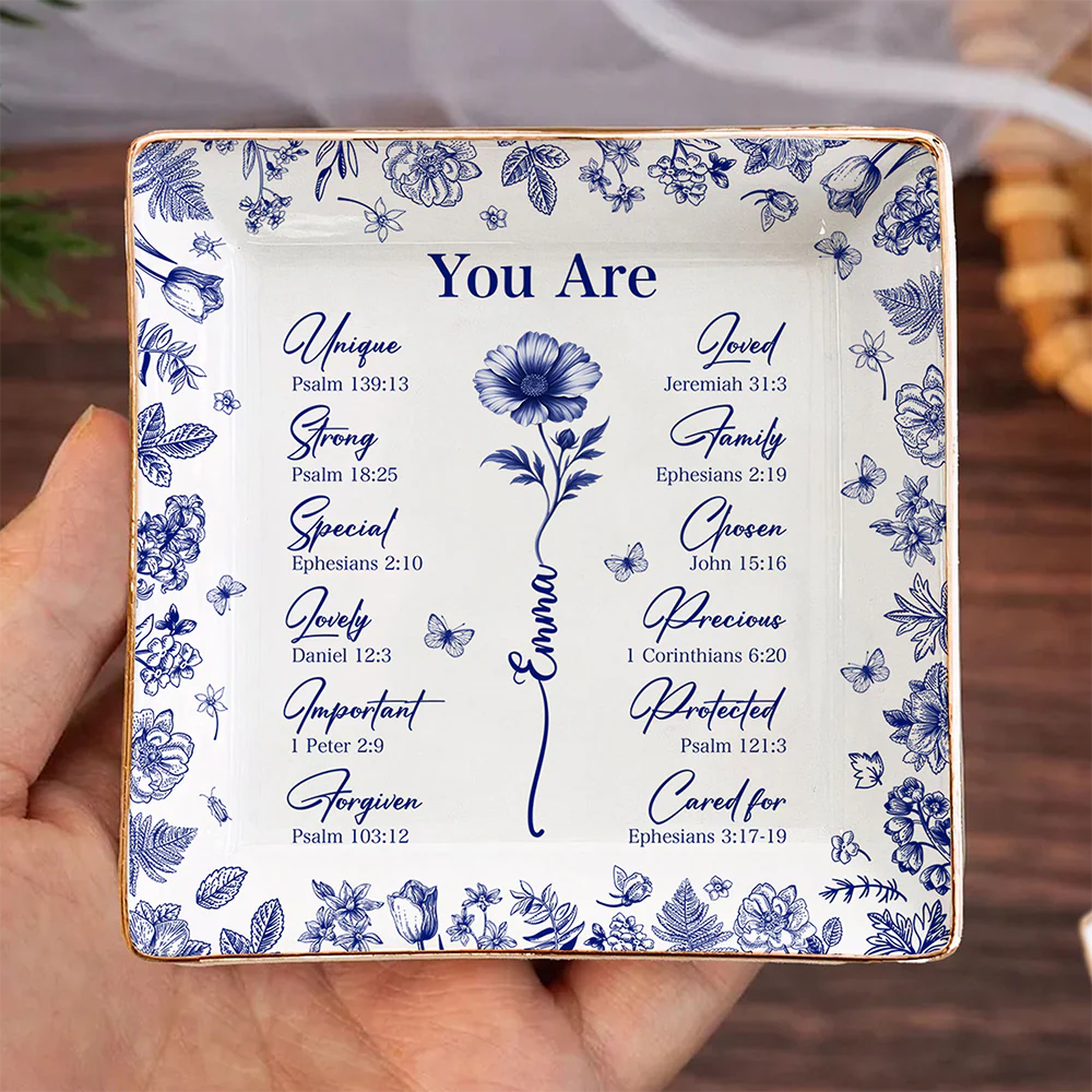 God Says You Are Christian Gift Toile De Jouy Birth Flower - Personalized Jewelry Dish TH10 894793 - Image 2