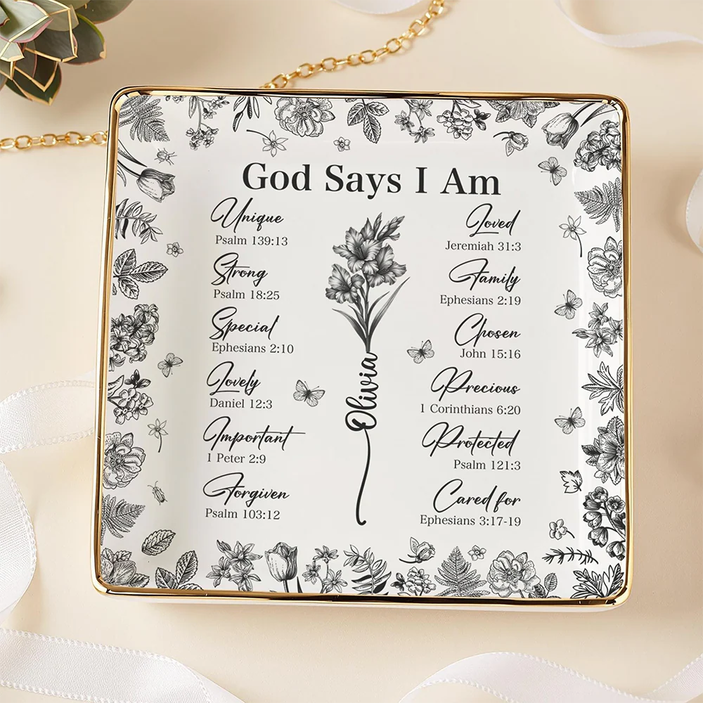 God Says You Are Christian Gift Toile De Jouy Birth Flower - Personalized Jewelry Dish TH10 894793 - Image 3