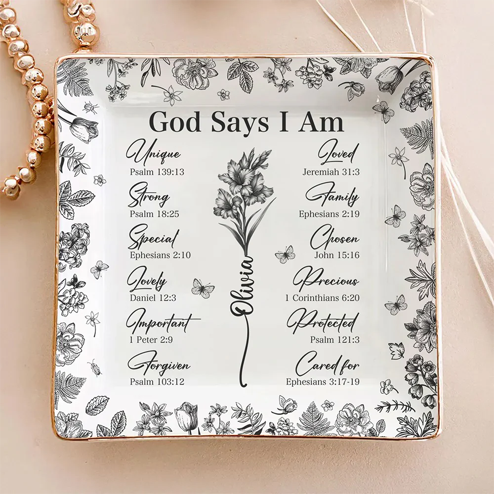 God Says You Are Christian Gift Toile De Jouy Birth Flower - Personalized Jewelry Dish TH10 894793 - Image 5