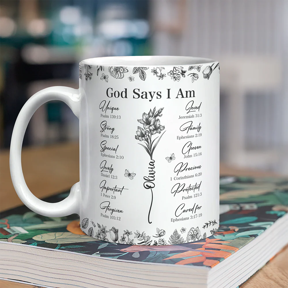 God Says You Are Christian Gift Toile De Jouy Birth Flower - Personalized Mug TH10 894797 - Image 5