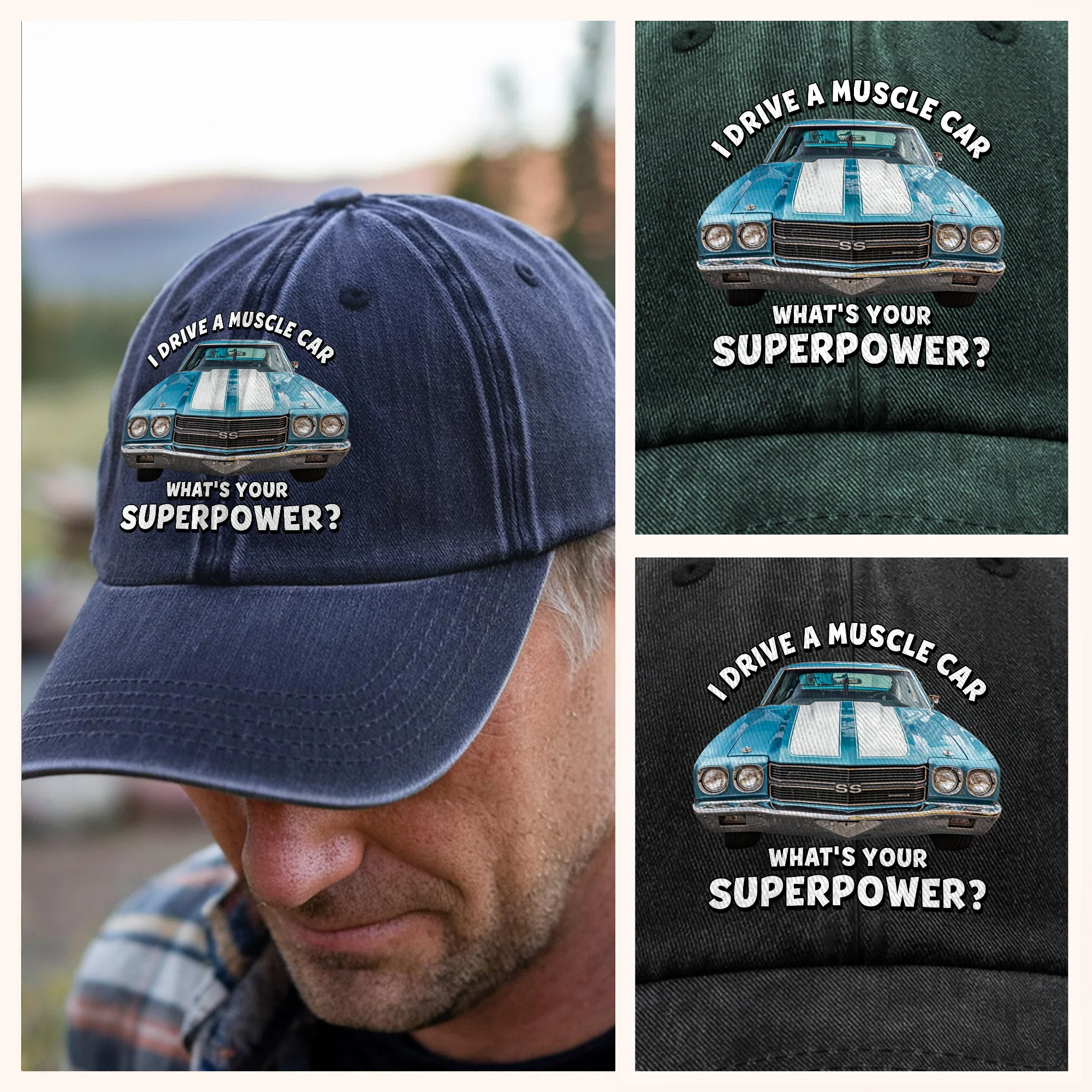 I Drive a Classic Car! Custom Car Photo Washed Baseball Denim Cap Funny Gift CH07 896594 - Image 3