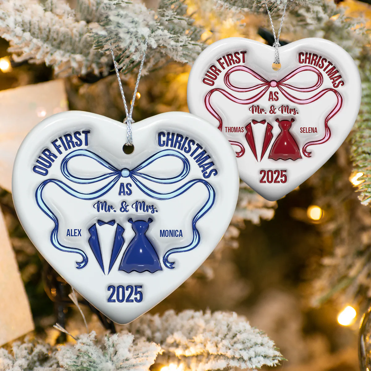 Mr And Mrs Blue - Personalized 3D Inflated Effect Heart Shaped Ceramic Ornament LM32 895379 - Image 4